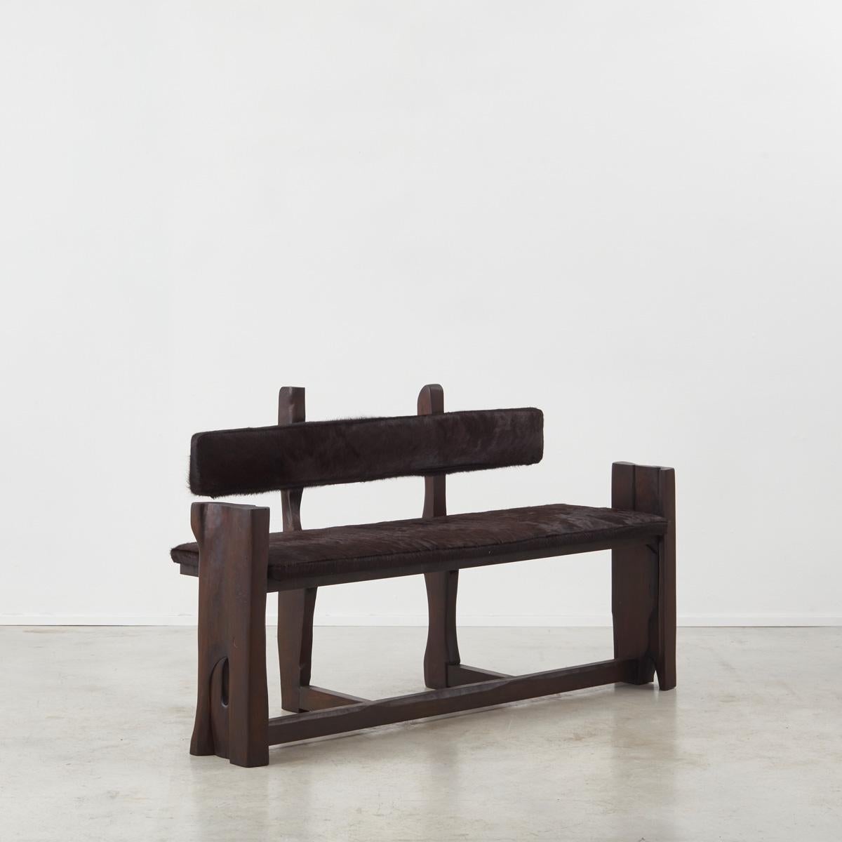 Blackened Brutalist wooden bench & chairs dining set - France, 1970s