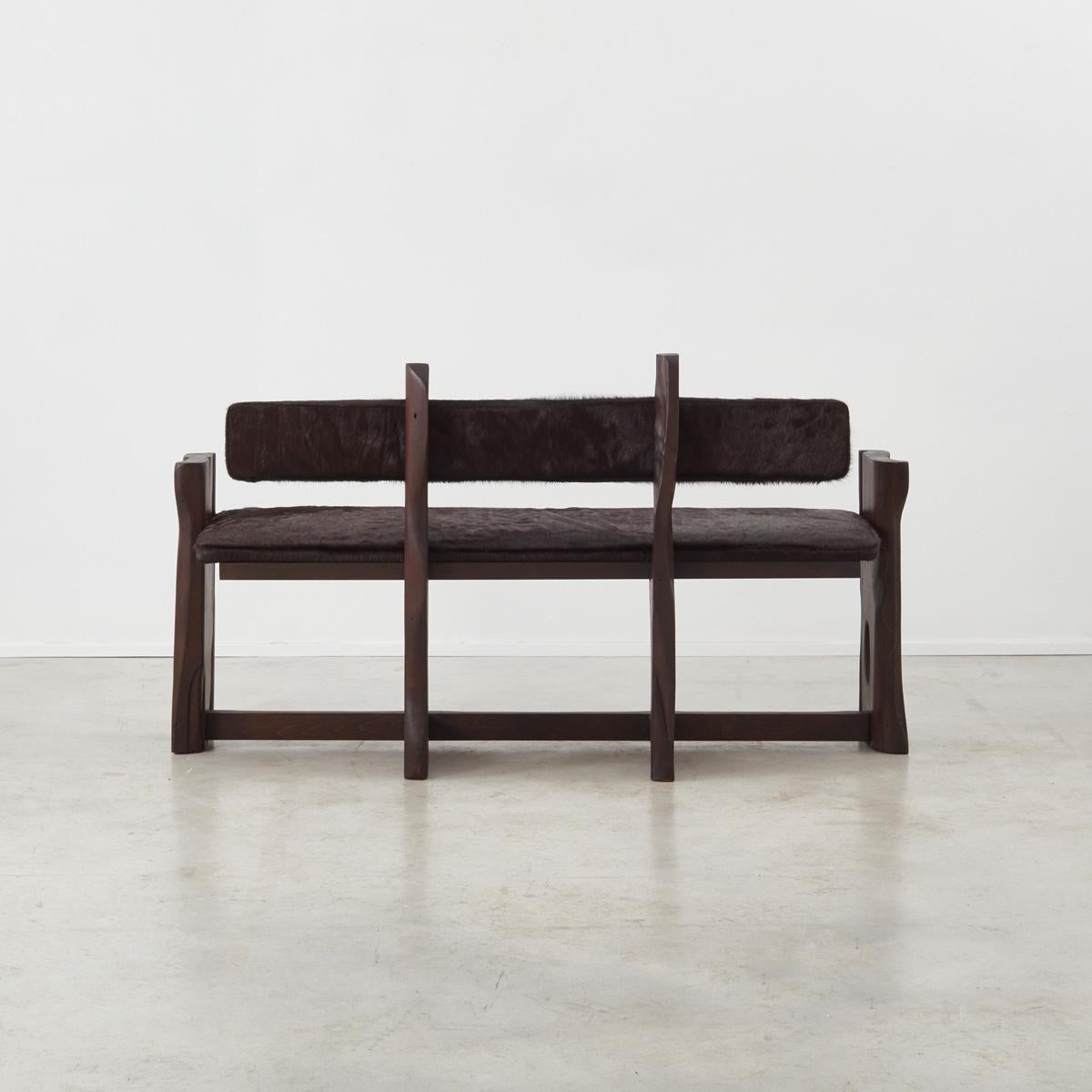 Cowhide Brutalist wooden bench & chairs dining set - France, 1970s