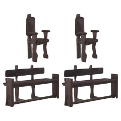 Brutalist wooden bench & chairs dining set - France, 1970s