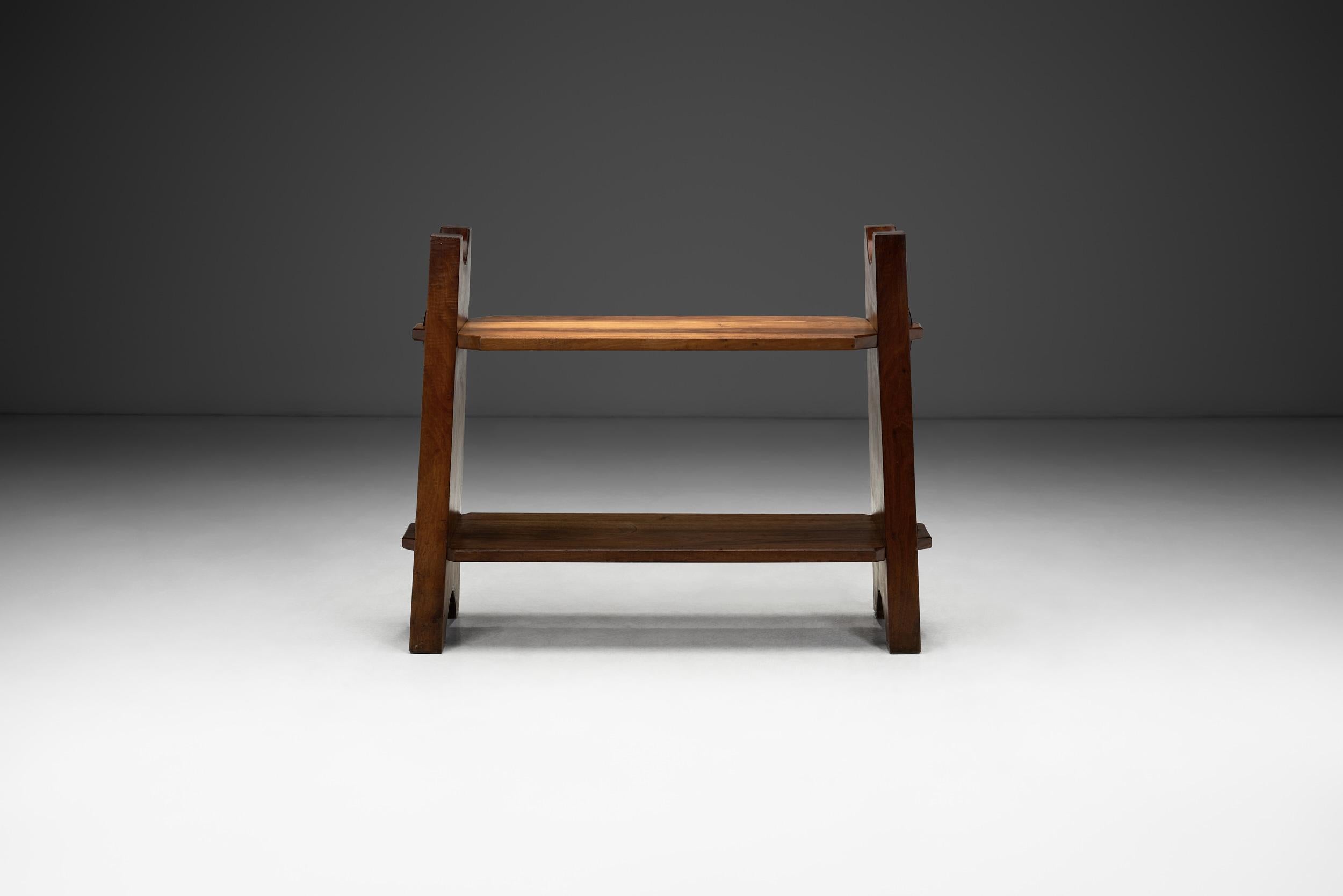 European Brutalist Wooden Bibus Shelf with Wedge Joints, Europe ca 1950s For Sale