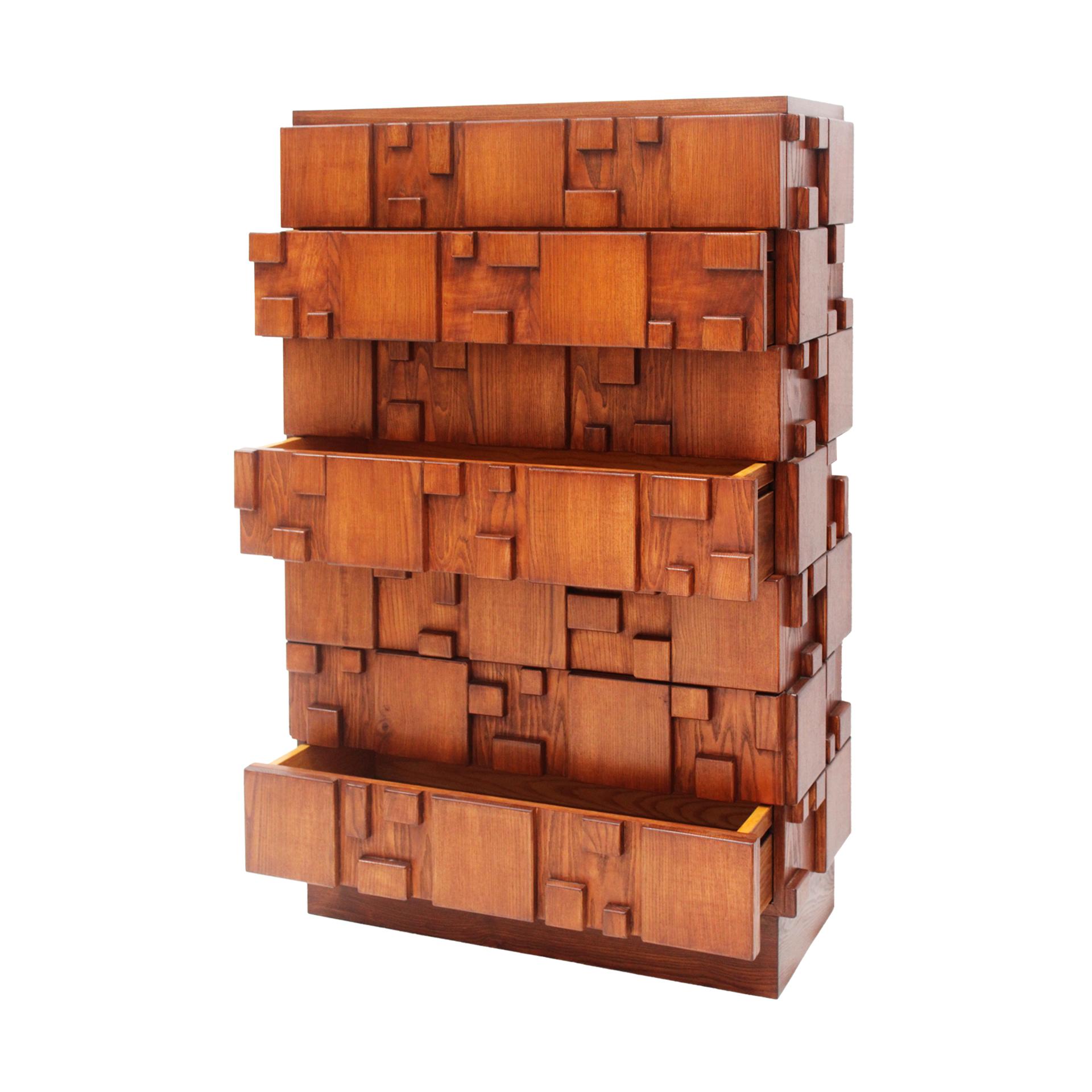 Contemporary Brutalist Wooden Chest of Drawers, Italy For Sale