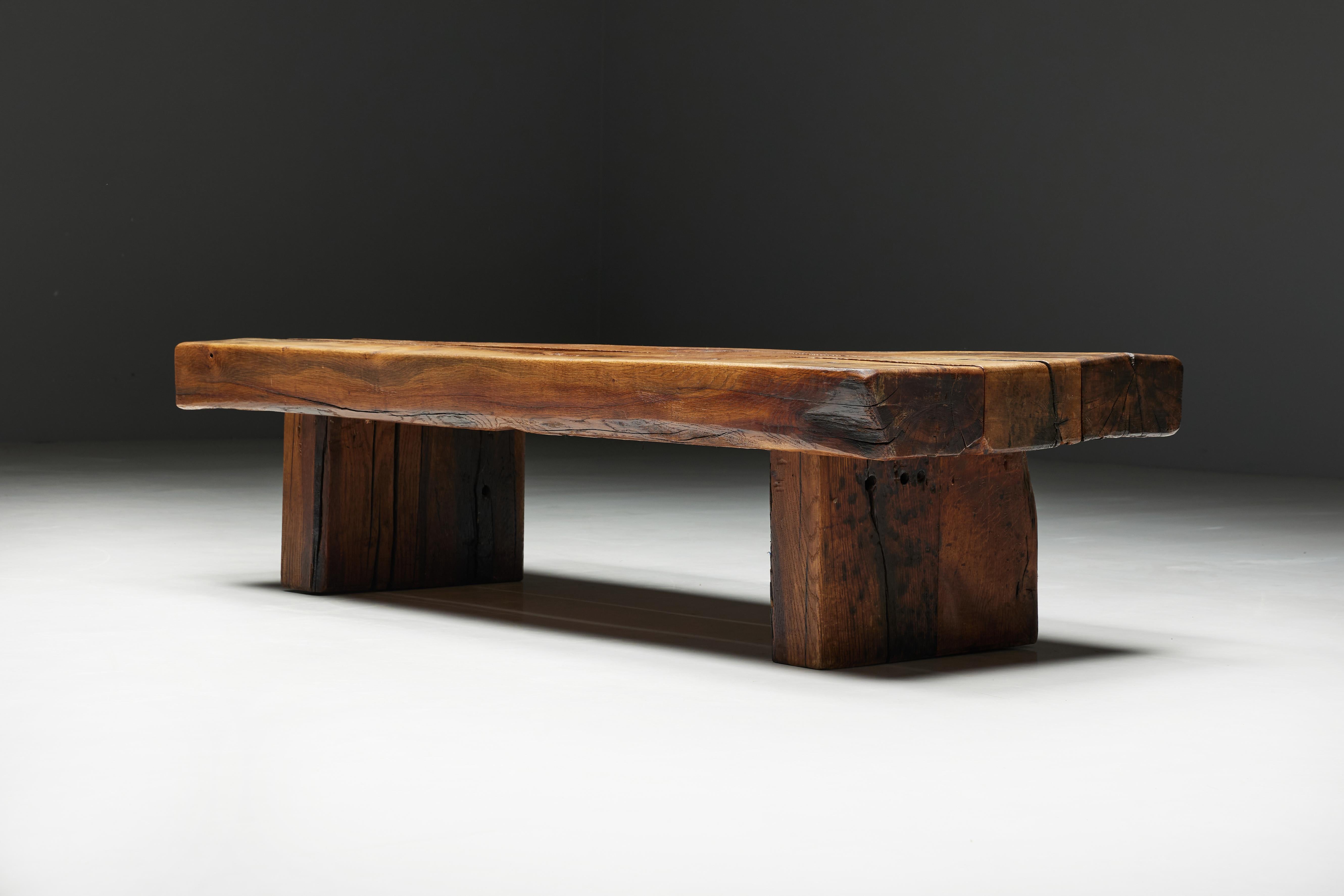 Mid-20th Century Brutalist Wooden Coffee Table, France, 1950s For Sale