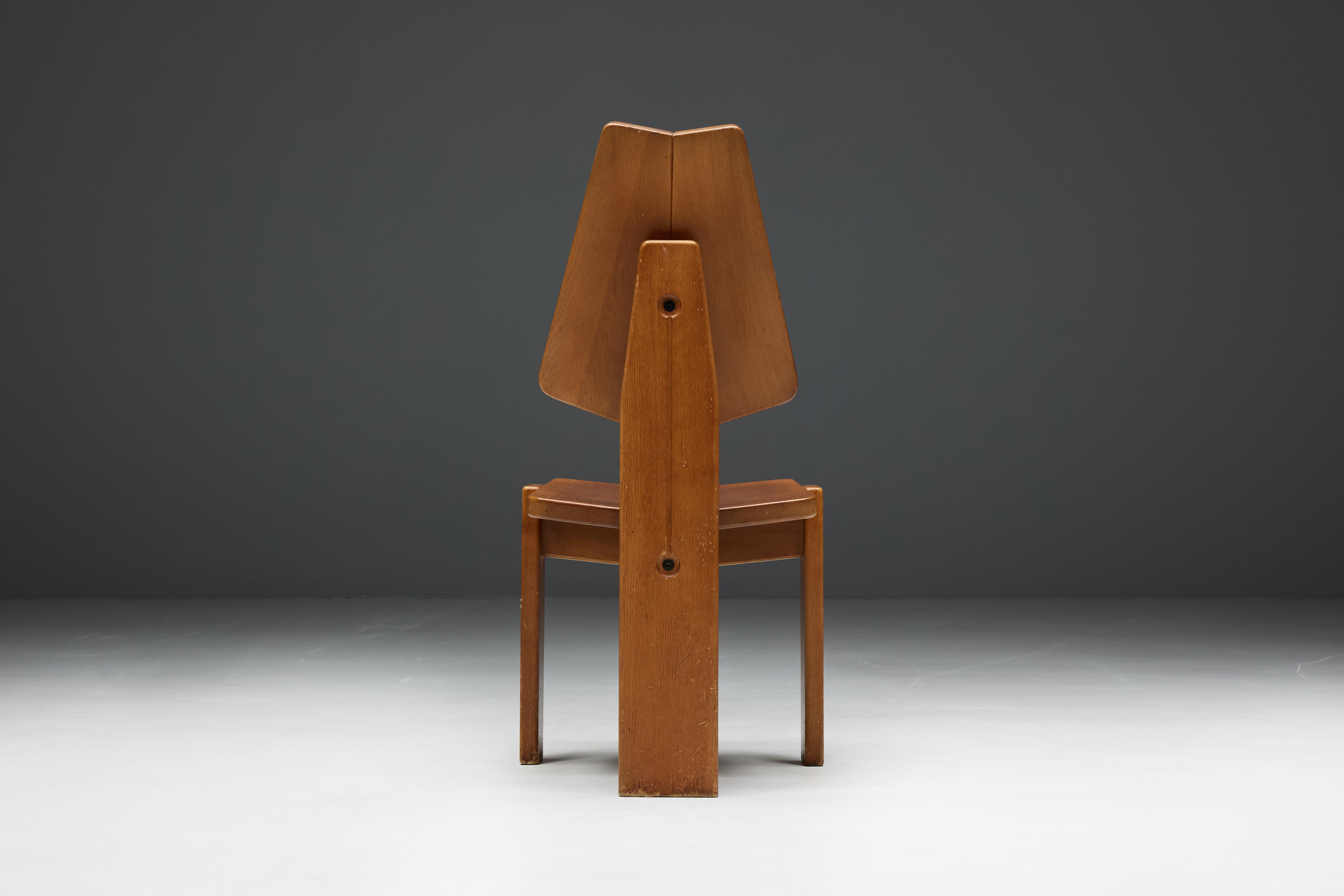 Brutalist Wooden Dining Chairs, Belgium, 1970s For Sale 8