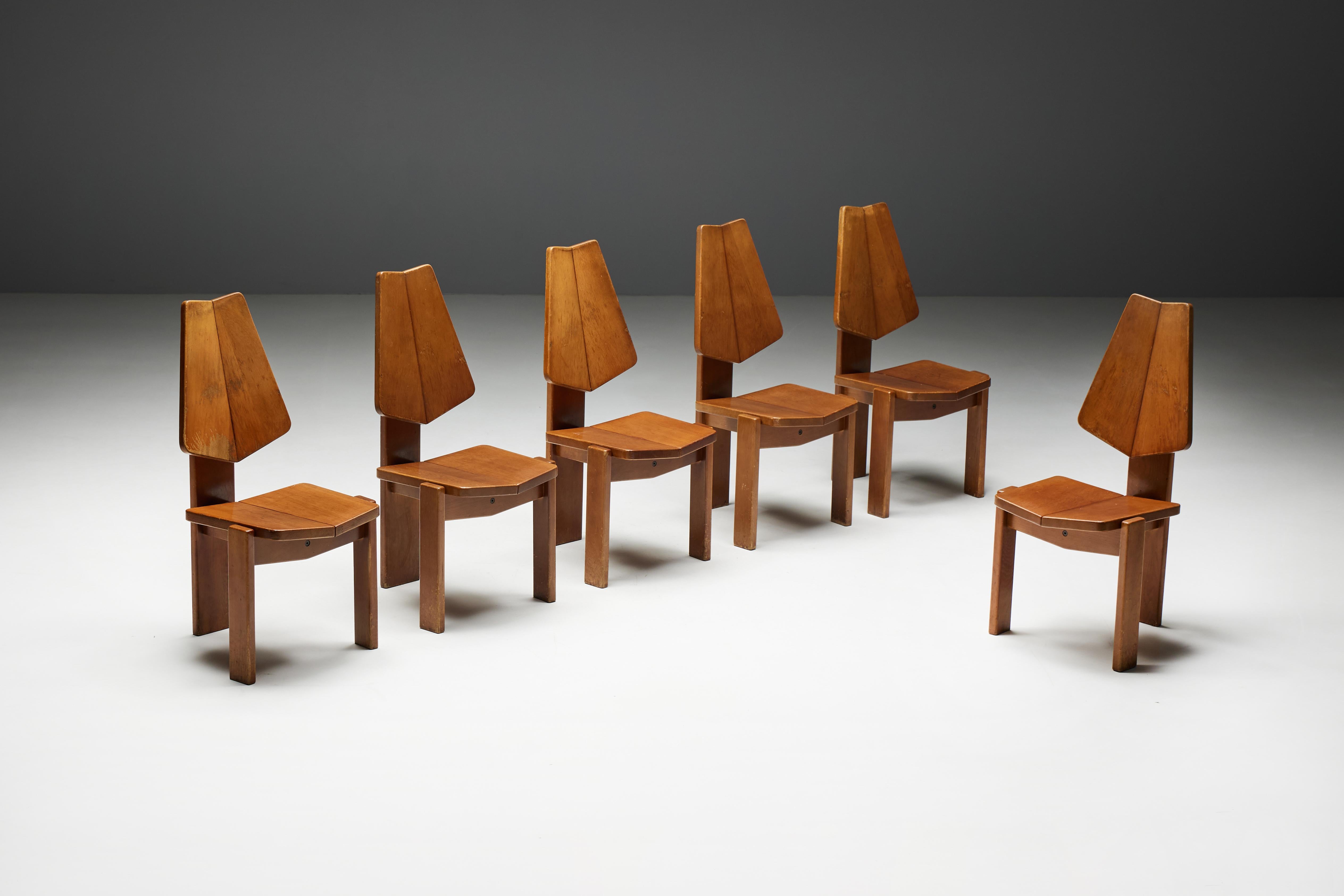 Mid-Century Modern Brutalist Wooden Dining Chairs, Belgium, 1970s For Sale