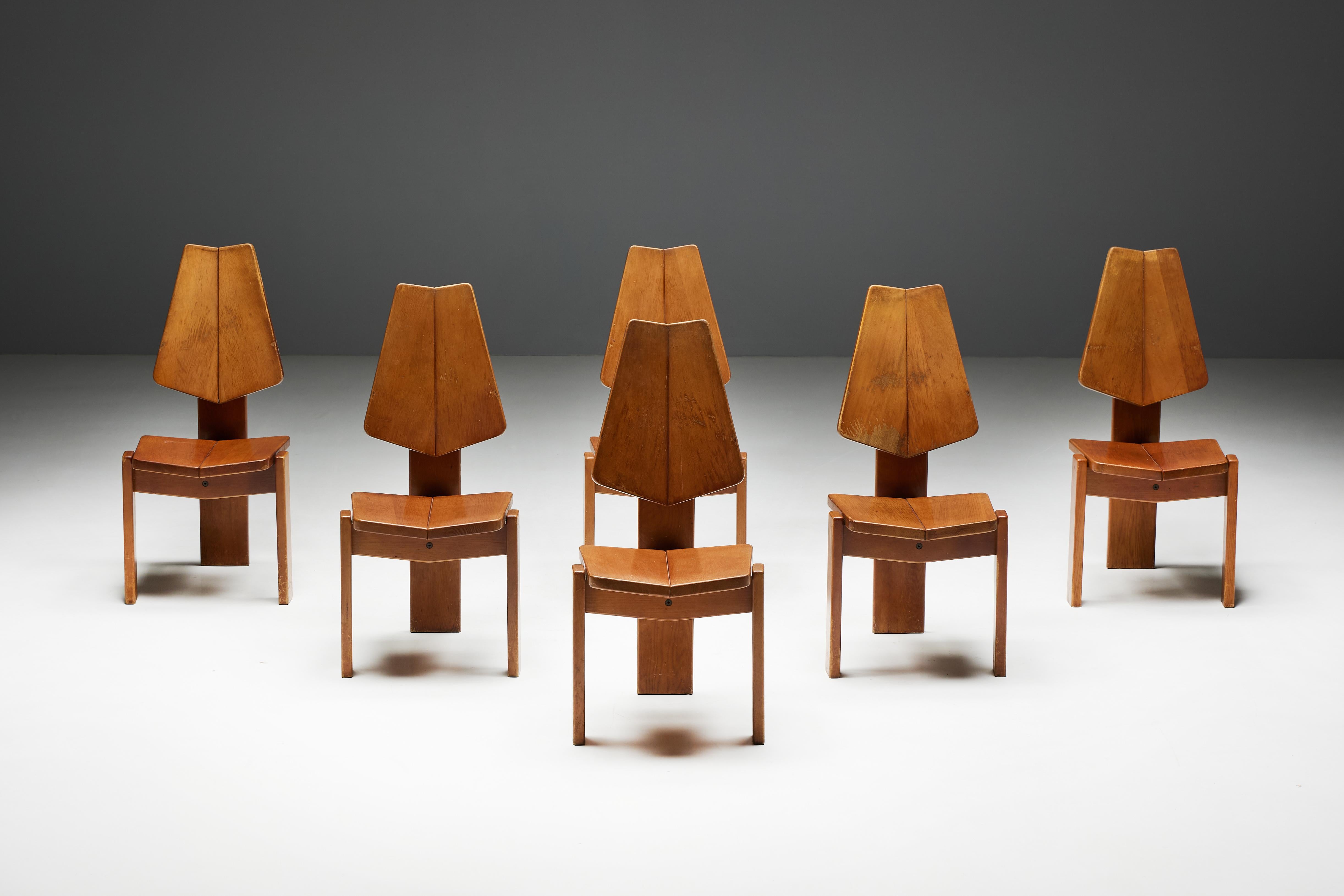 Belgian Brutalist Wooden Dining Chairs, Belgium, 1970s For Sale