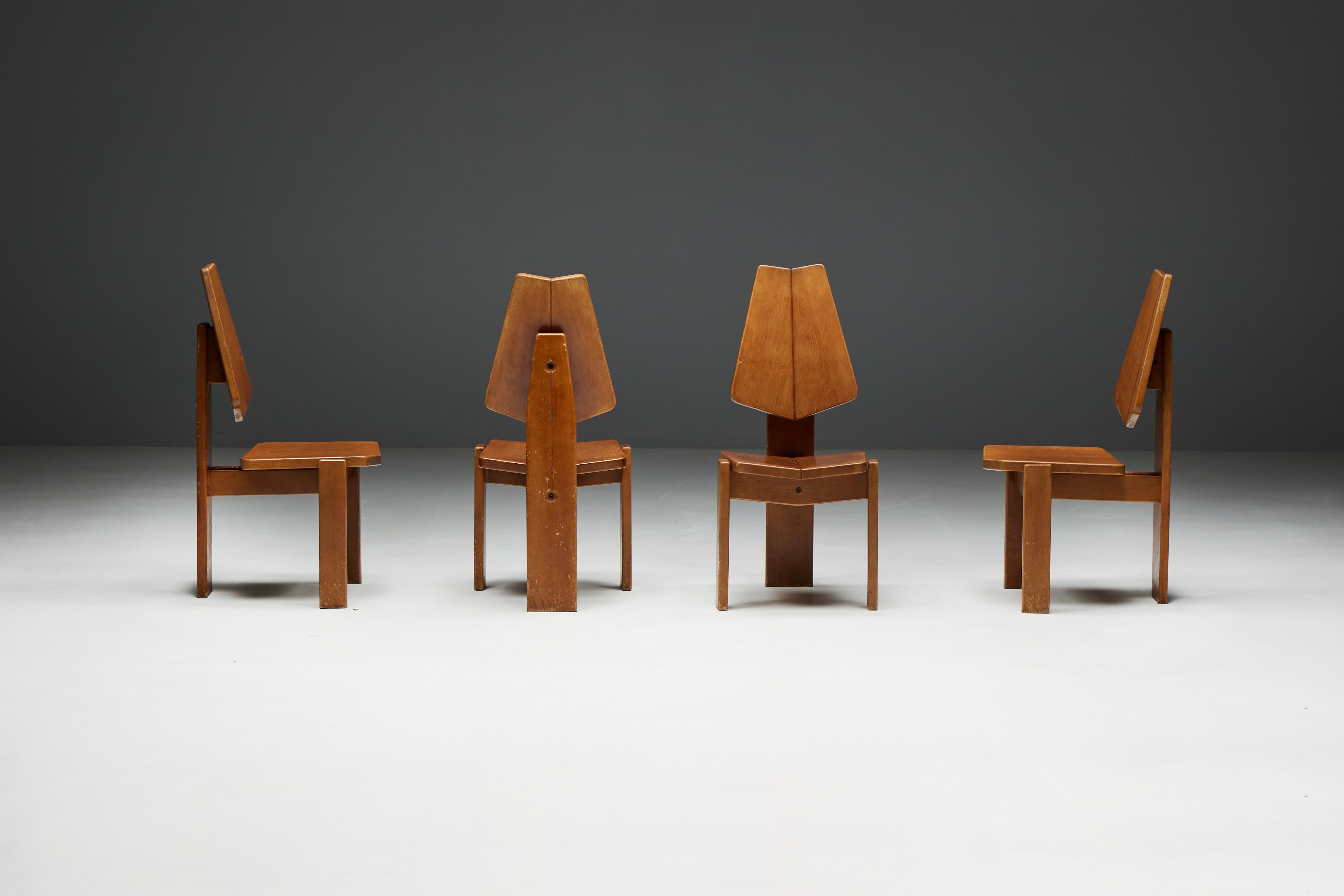 Brutalist Wooden Dining Chairs, Belgium, 1970s In Excellent Condition For Sale In Antwerp, BE