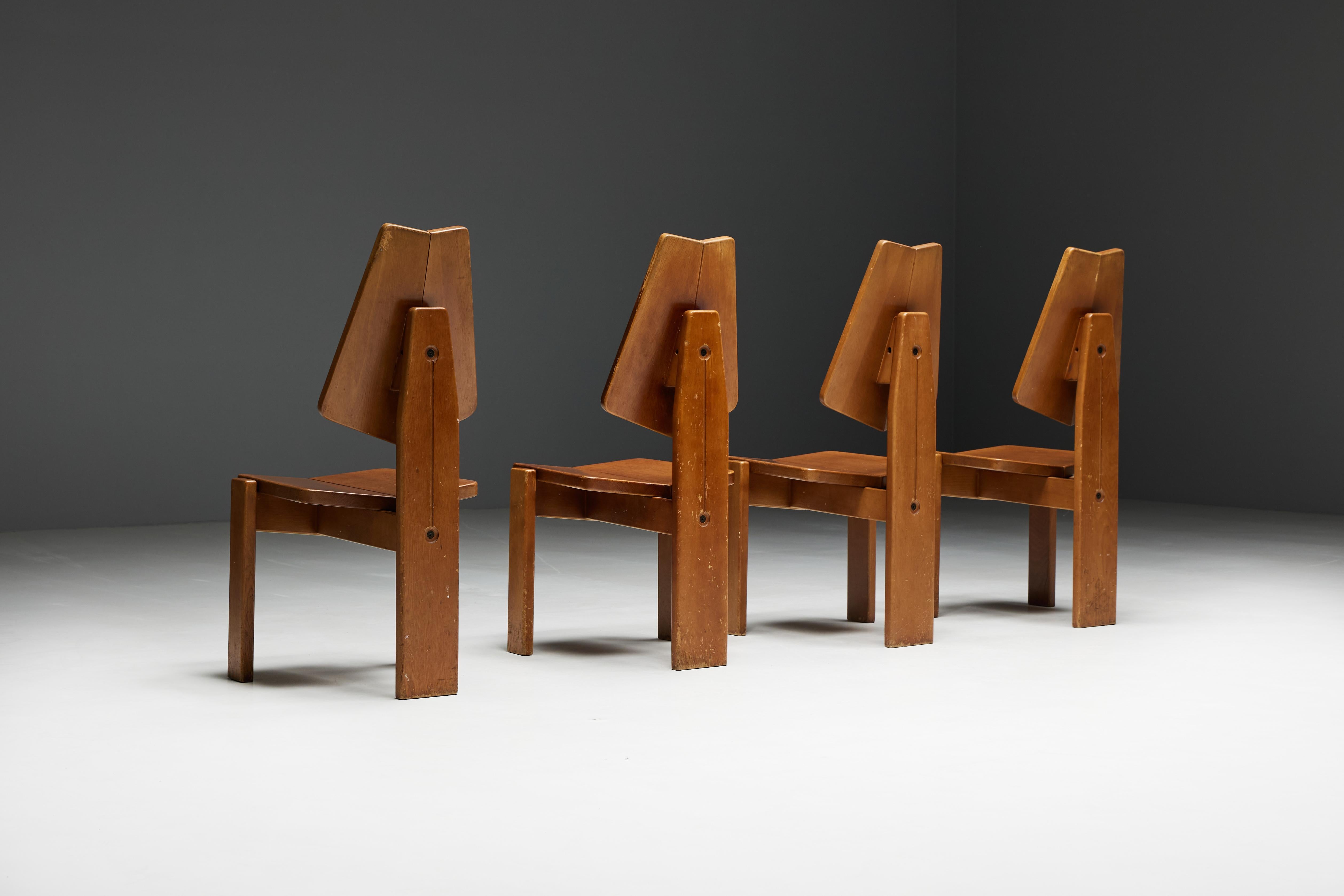 Late 20th Century Brutalist Wooden Dining Chairs, Belgium, 1970s For Sale