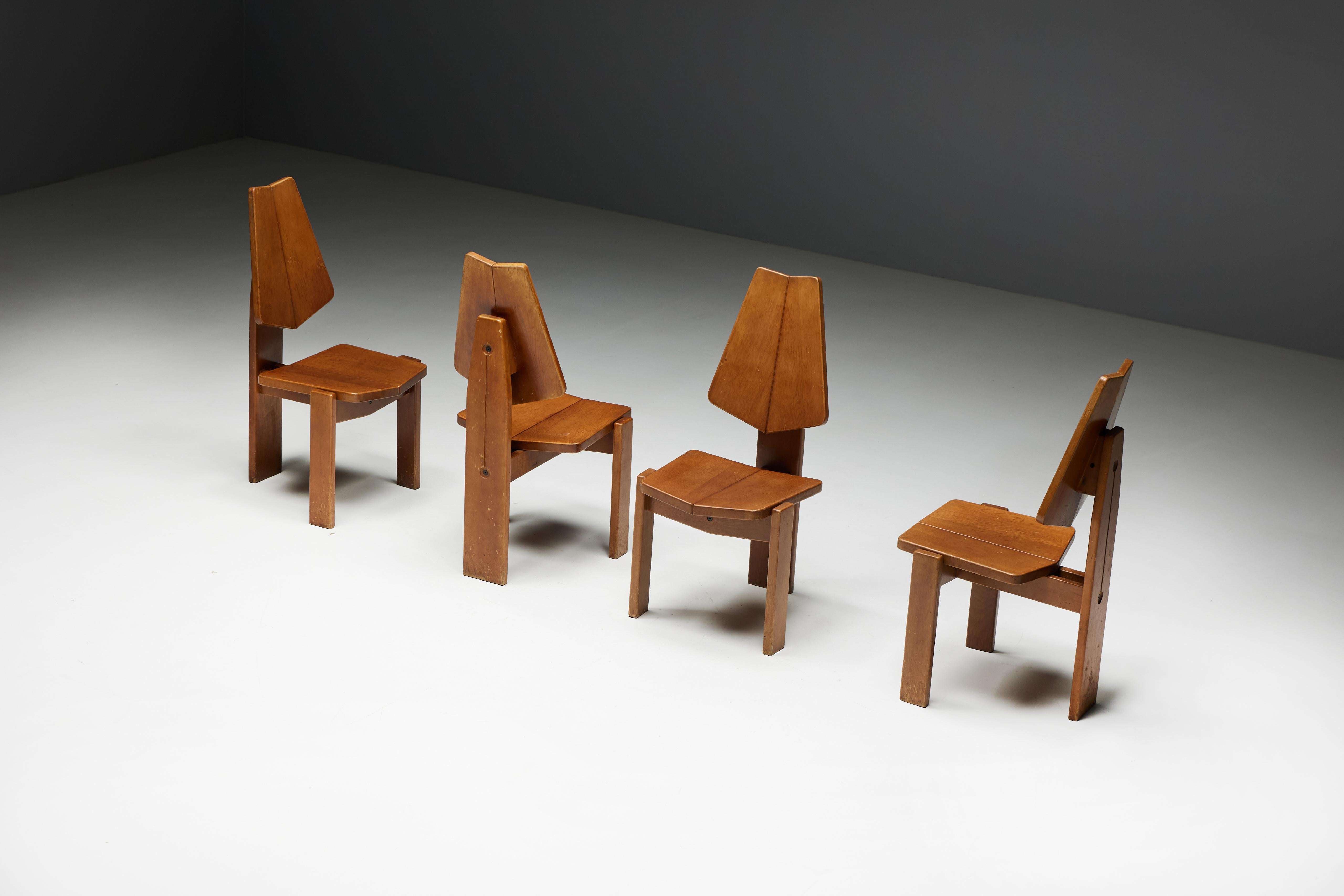 Brutalist Wooden Dining Chairs, Belgium, 1970s For Sale 1