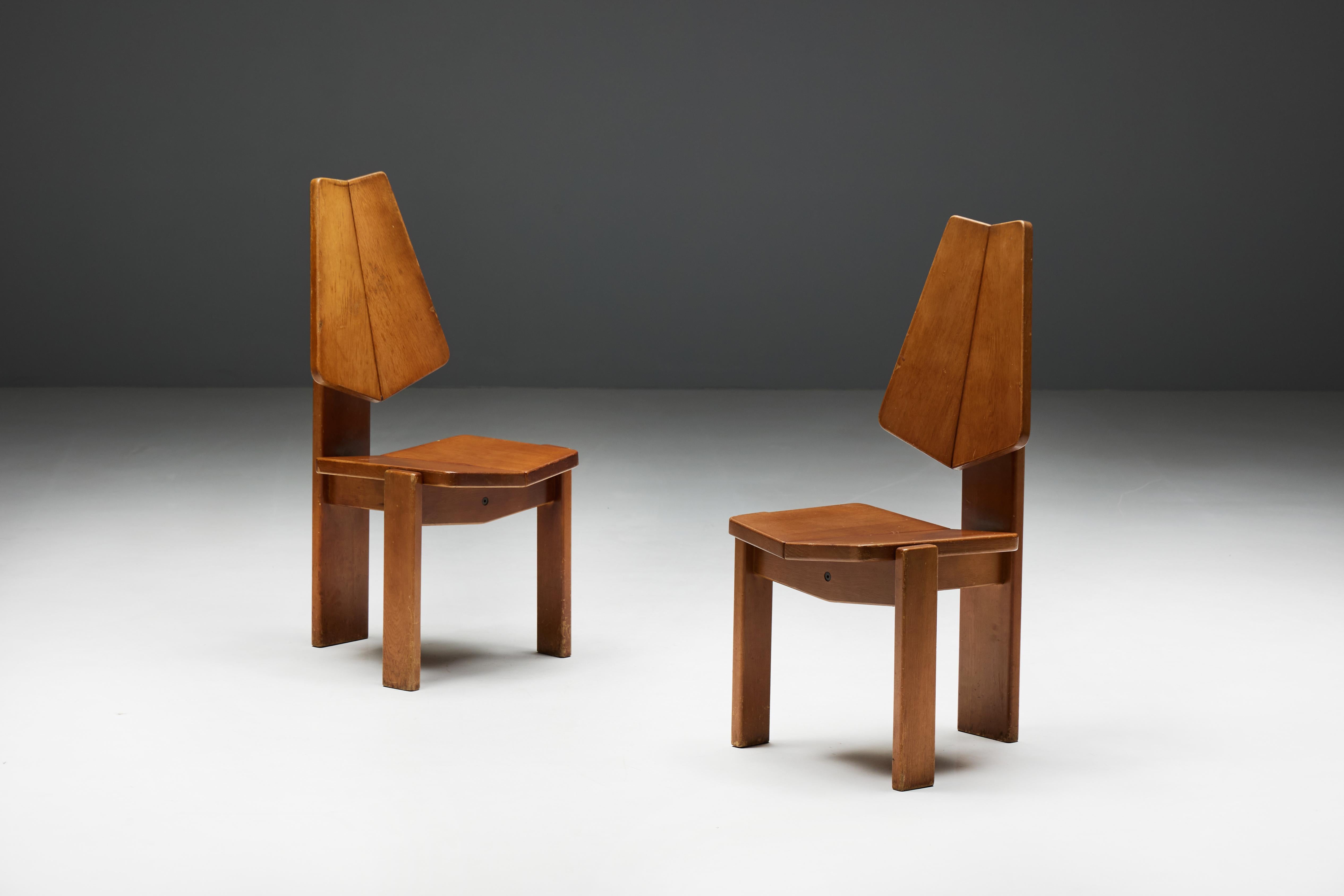 Brutalist Wooden Dining Chairs, Belgium, 1970s For Sale 2