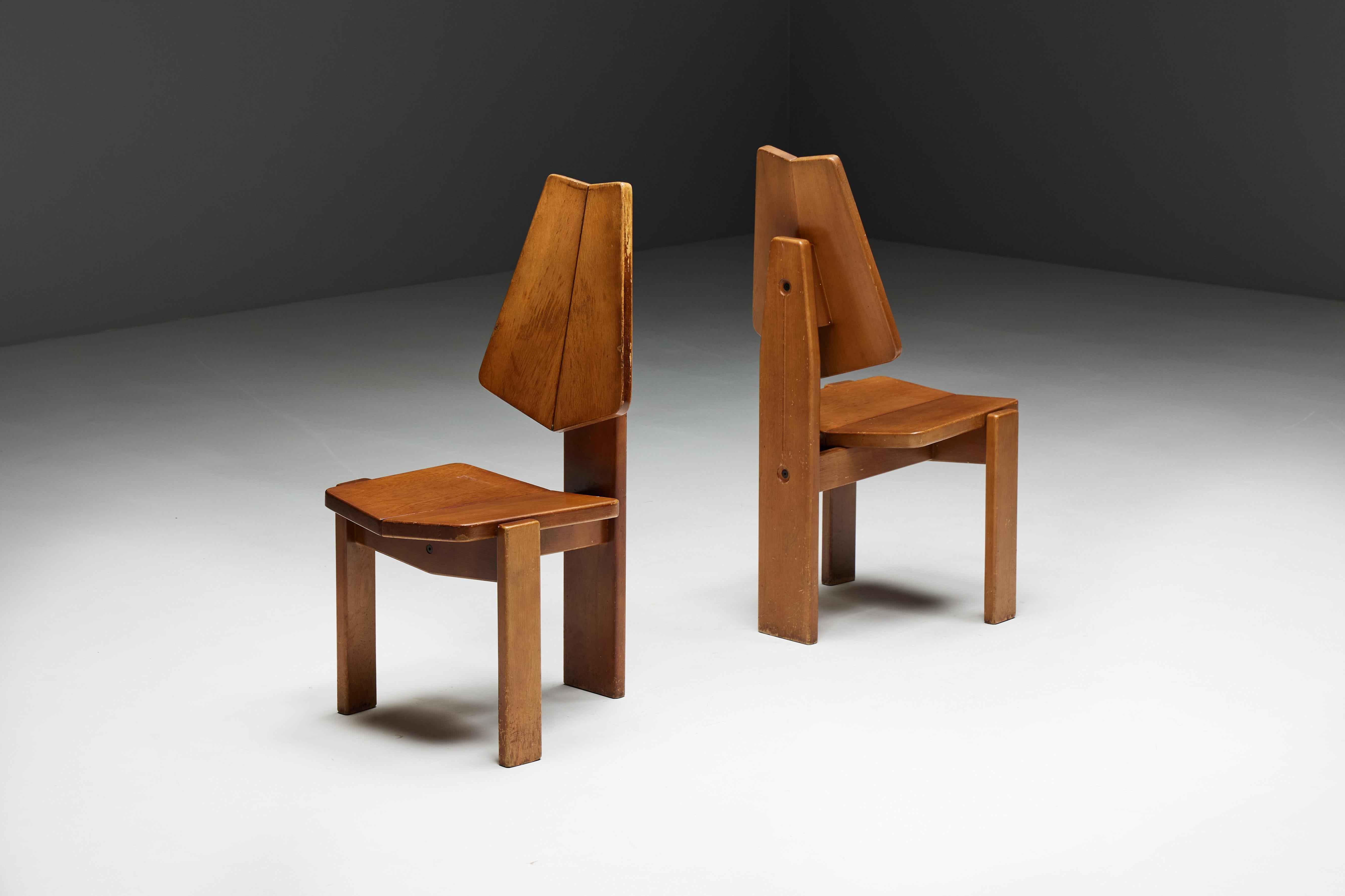 Brutalist Wooden Dining Chairs, Belgium, 1970s For Sale 3