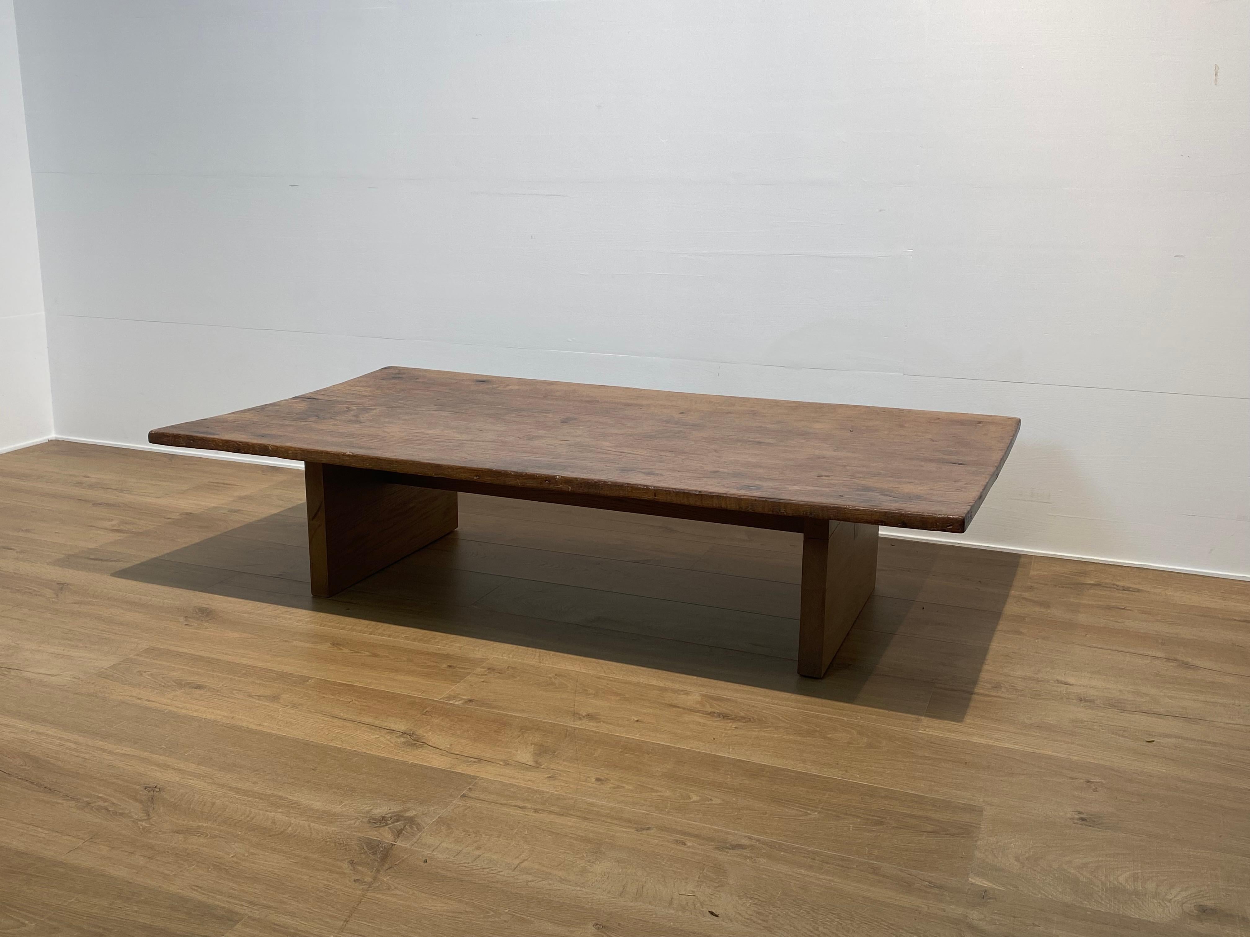 Polished Brutalist Wooden Sofa Table For Sale