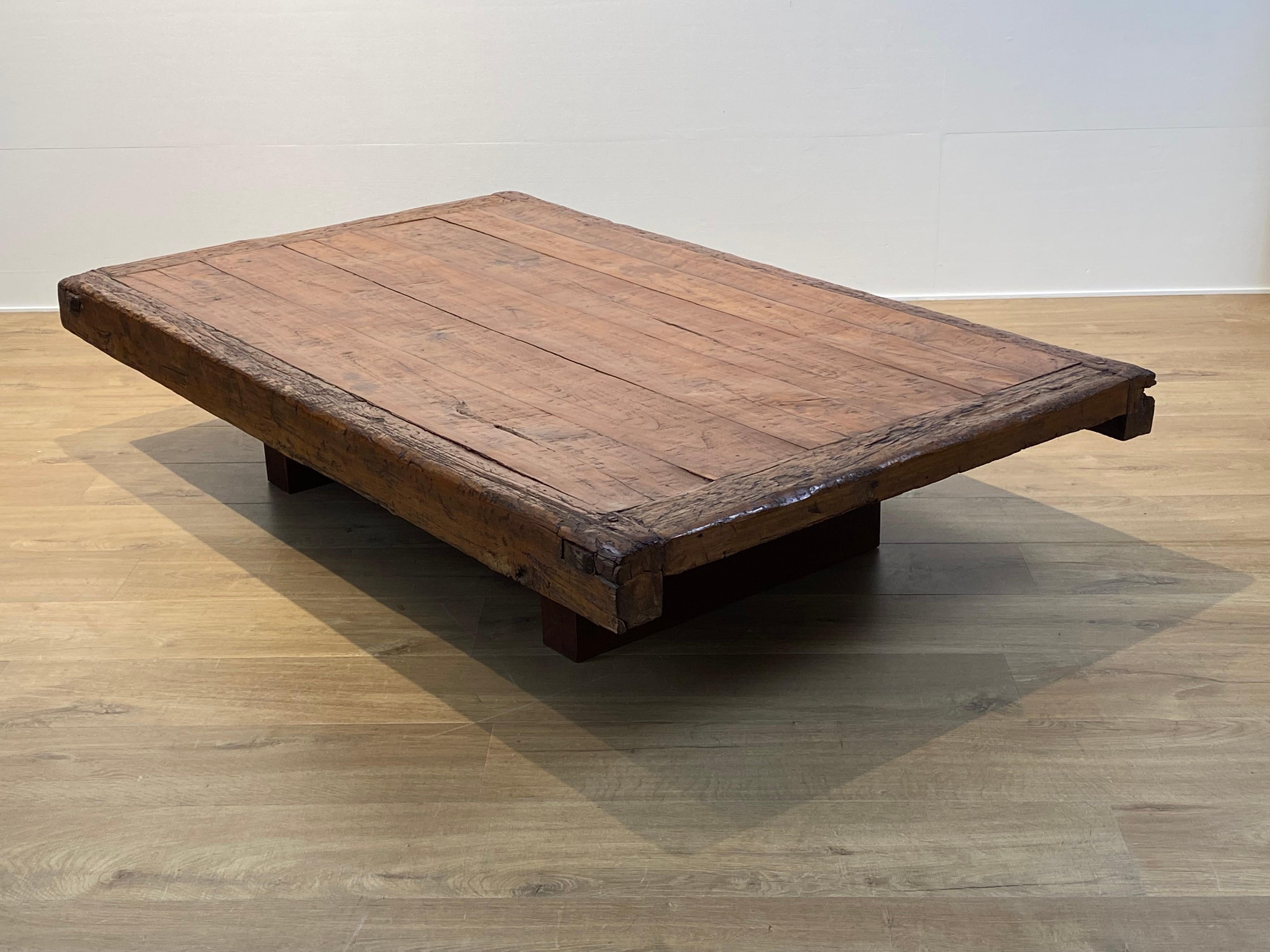 Patinated Brutalist Wooden Sofa Table For Sale