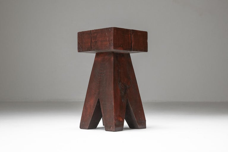 Brutalist Wooden Stool & Coffee Table, France, 1950s For Sale 7