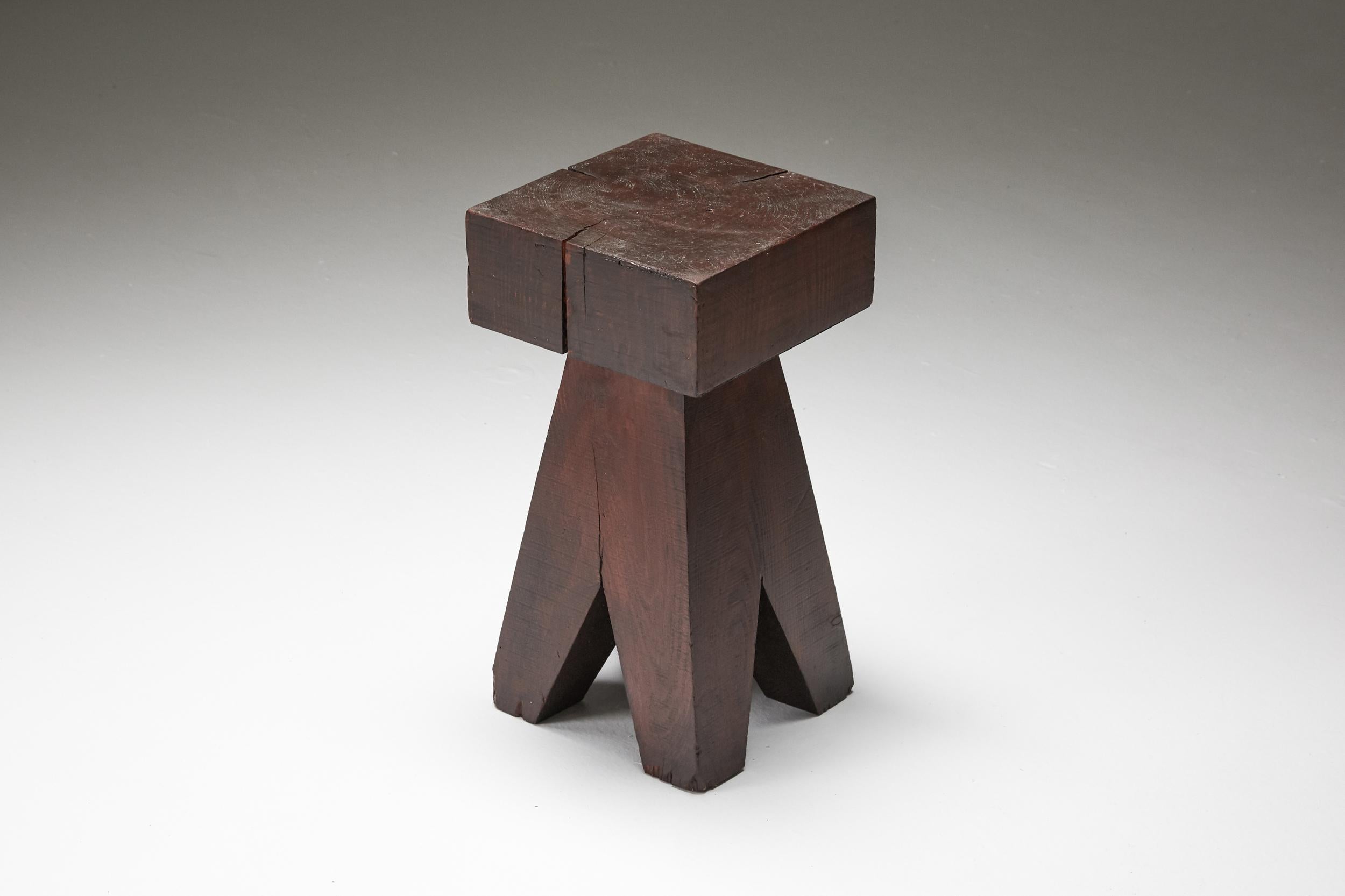 Brutalist Wooden Stool & Coffee Table, France, 1950s 7