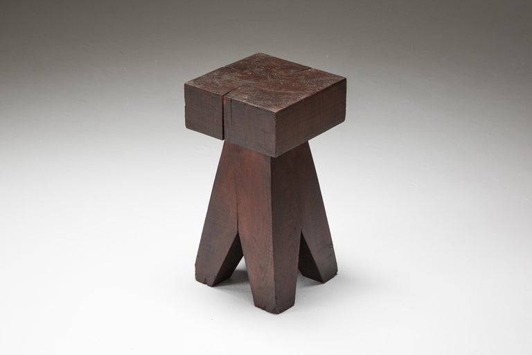 Brutalist Wooden Stool & Coffee Table, France, 1950s For Sale 8