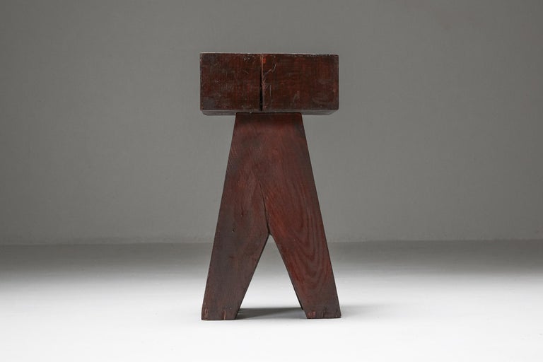 Brutalist Wooden Stool & Coffee Table, France, 1950s For Sale 9