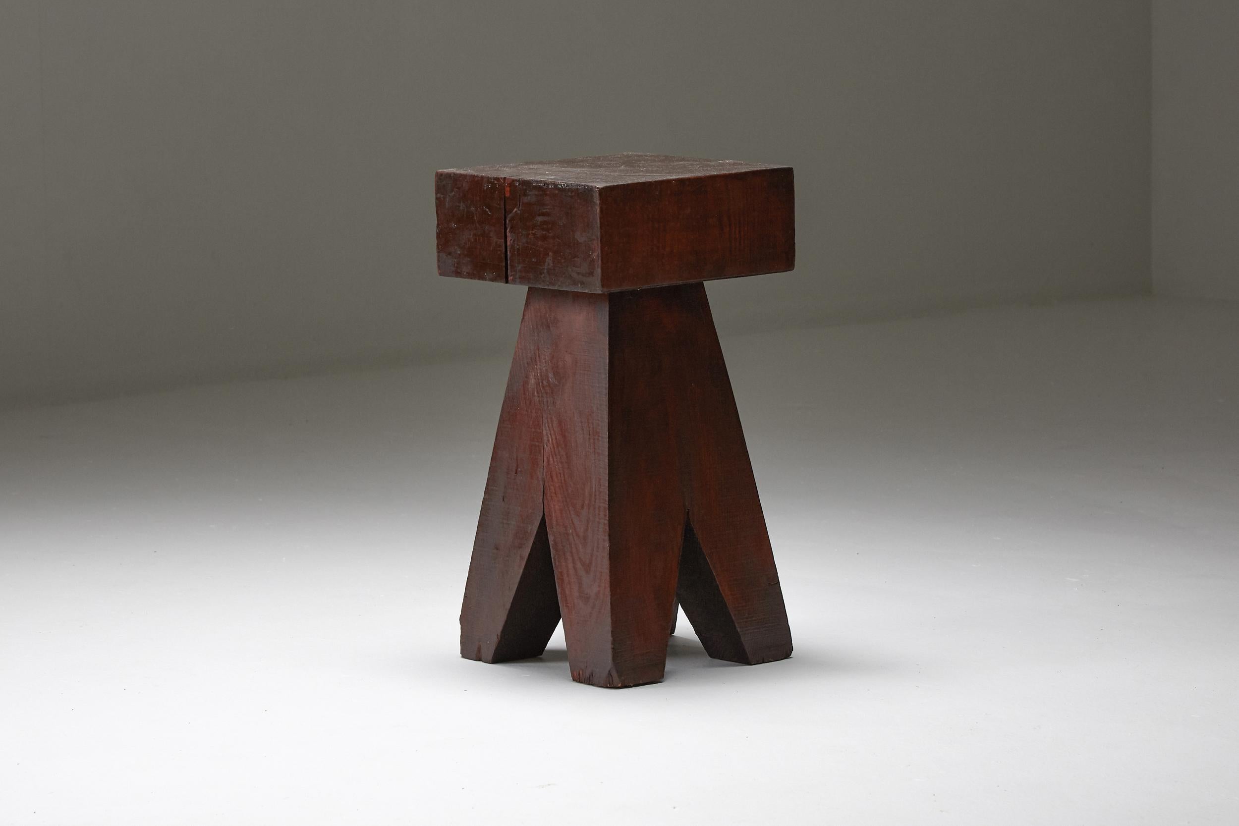 Brutalist Wooden Stool & Coffee Table, France, 1950s 9