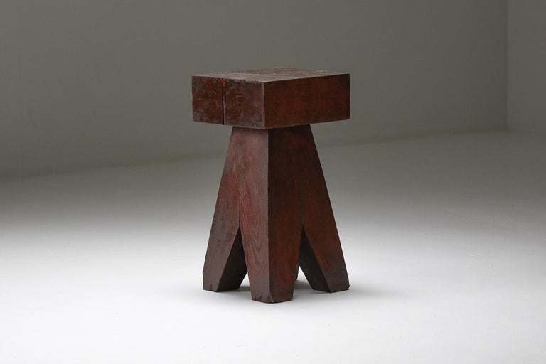 Brutalist Wooden Stool & Coffee Table, France, 1950s For Sale 10