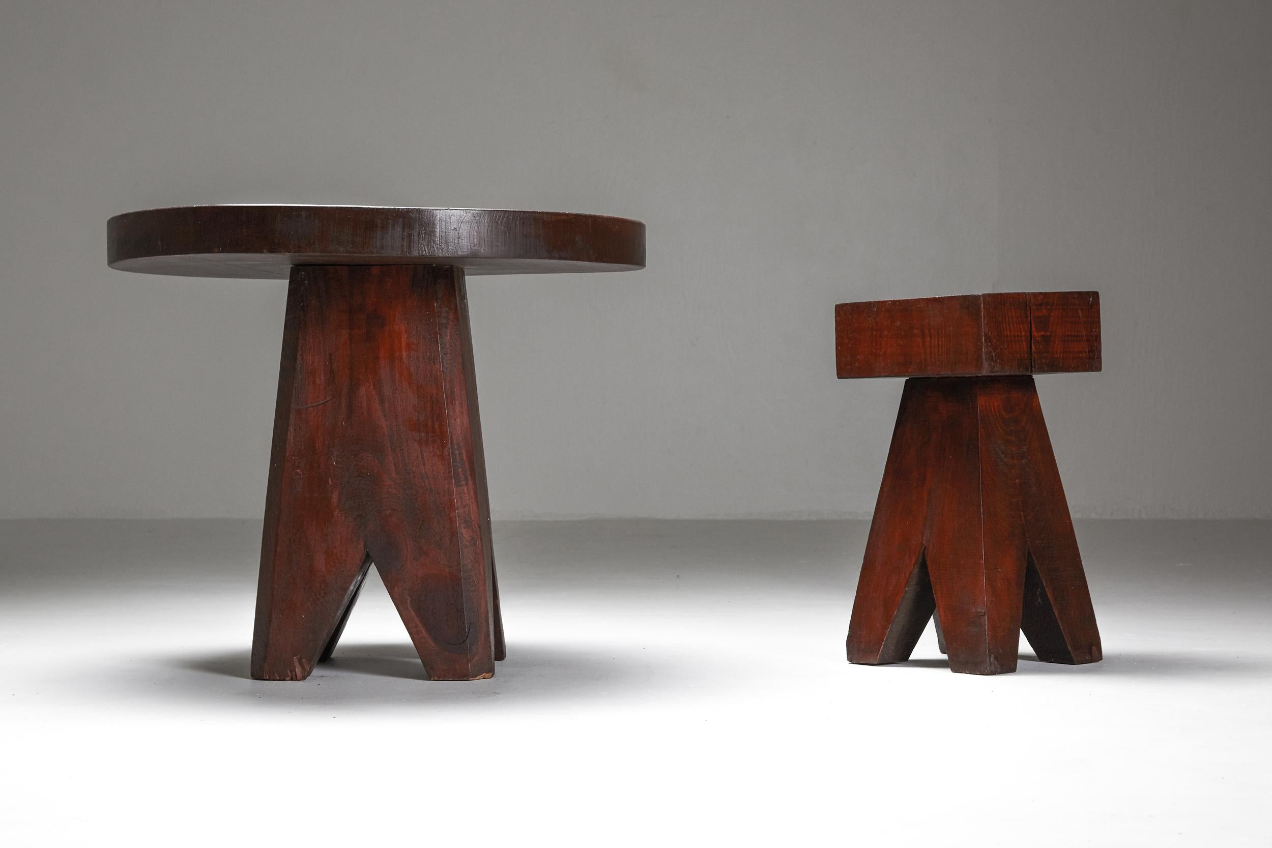 Brutalist; Wooden; wood; stool; coffee table; Mid-Century Modern; Rustic; 

Brutalist wooden stool & coffee table, made in France in the 1950s. Rustic set featuring remarkable woodworking and a beautiful patina. It reflects a warm and cosy