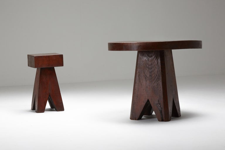 French Brutalist Wooden Stool & Coffee Table, France, 1950s For Sale