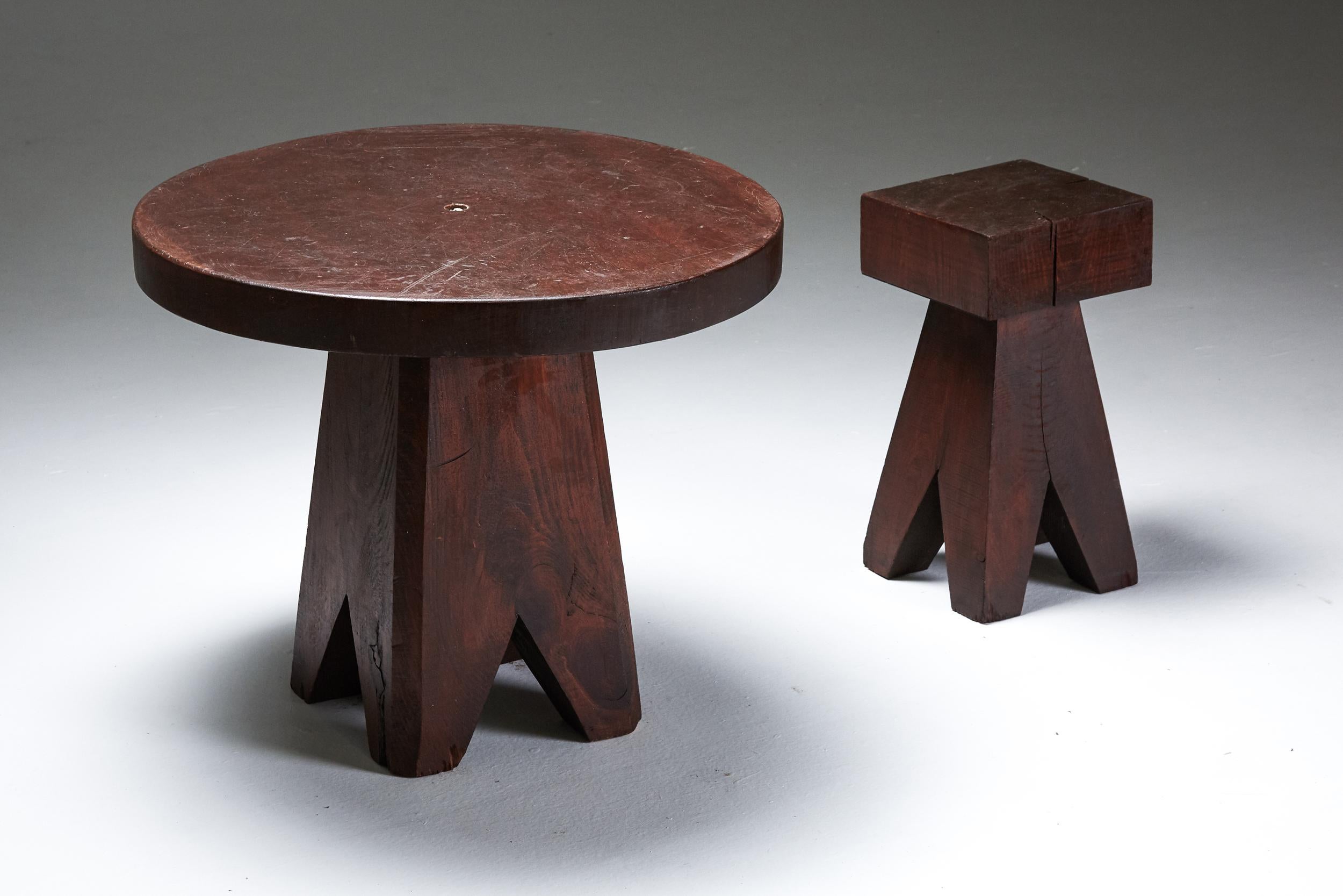 French Brutalist Wooden Stool & Coffee Table, France, 1950s