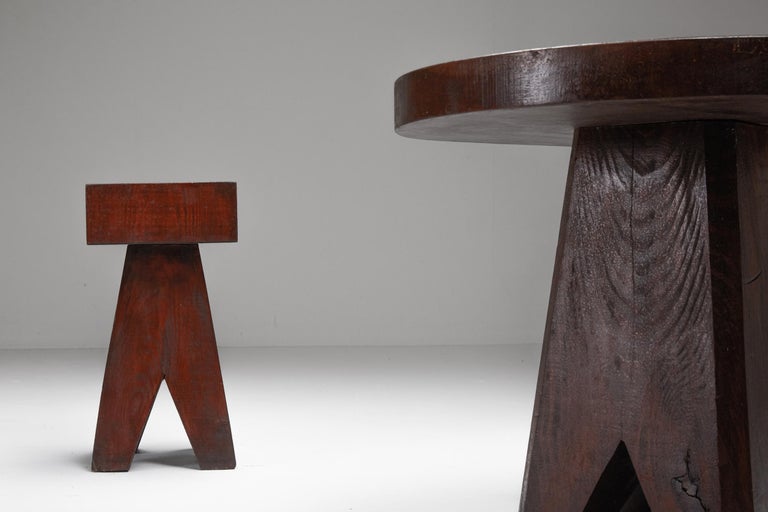 20th Century Brutalist Wooden Stool & Coffee Table, France, 1950s For Sale