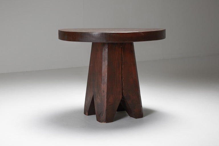 Brutalist Wooden Stool & Coffee Table, France, 1950s For Sale 1