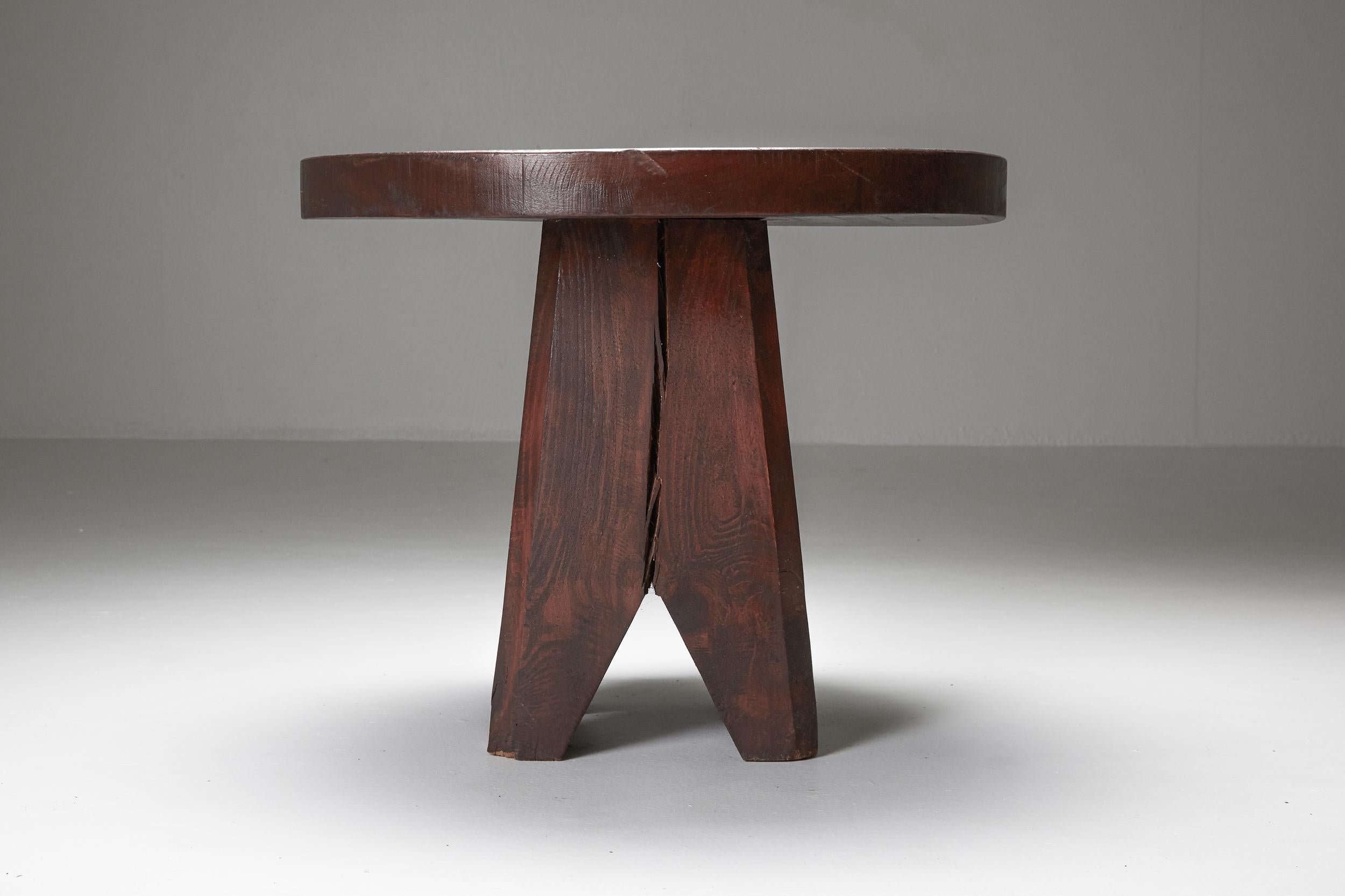 Brutalist Wooden Stool & Coffee Table, France, 1950s 1