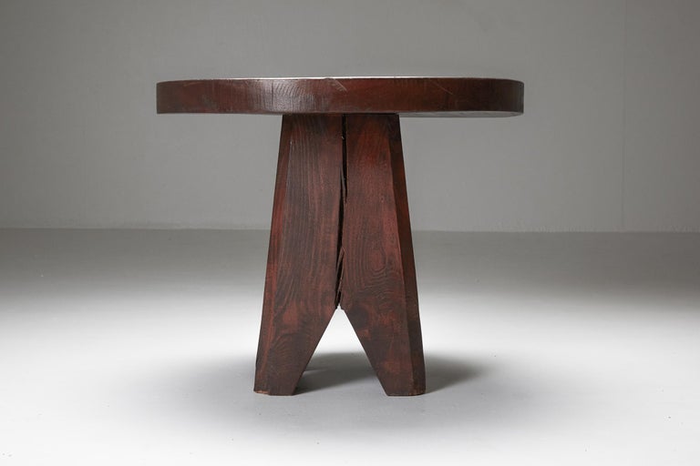 Brutalist Wooden Stool & Coffee Table, France, 1950s For Sale 2