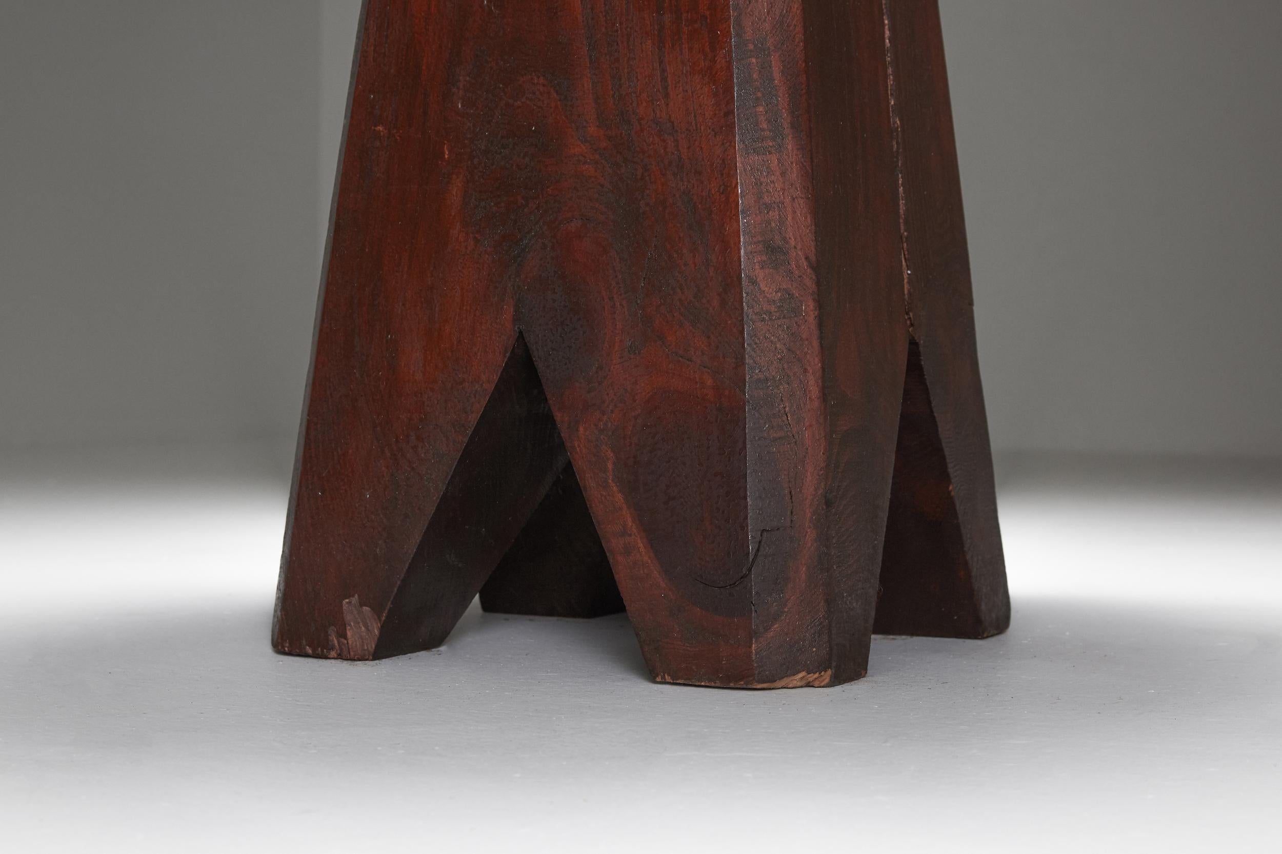 Brutalist Wooden Stool & Coffee Table, France, 1950s 3