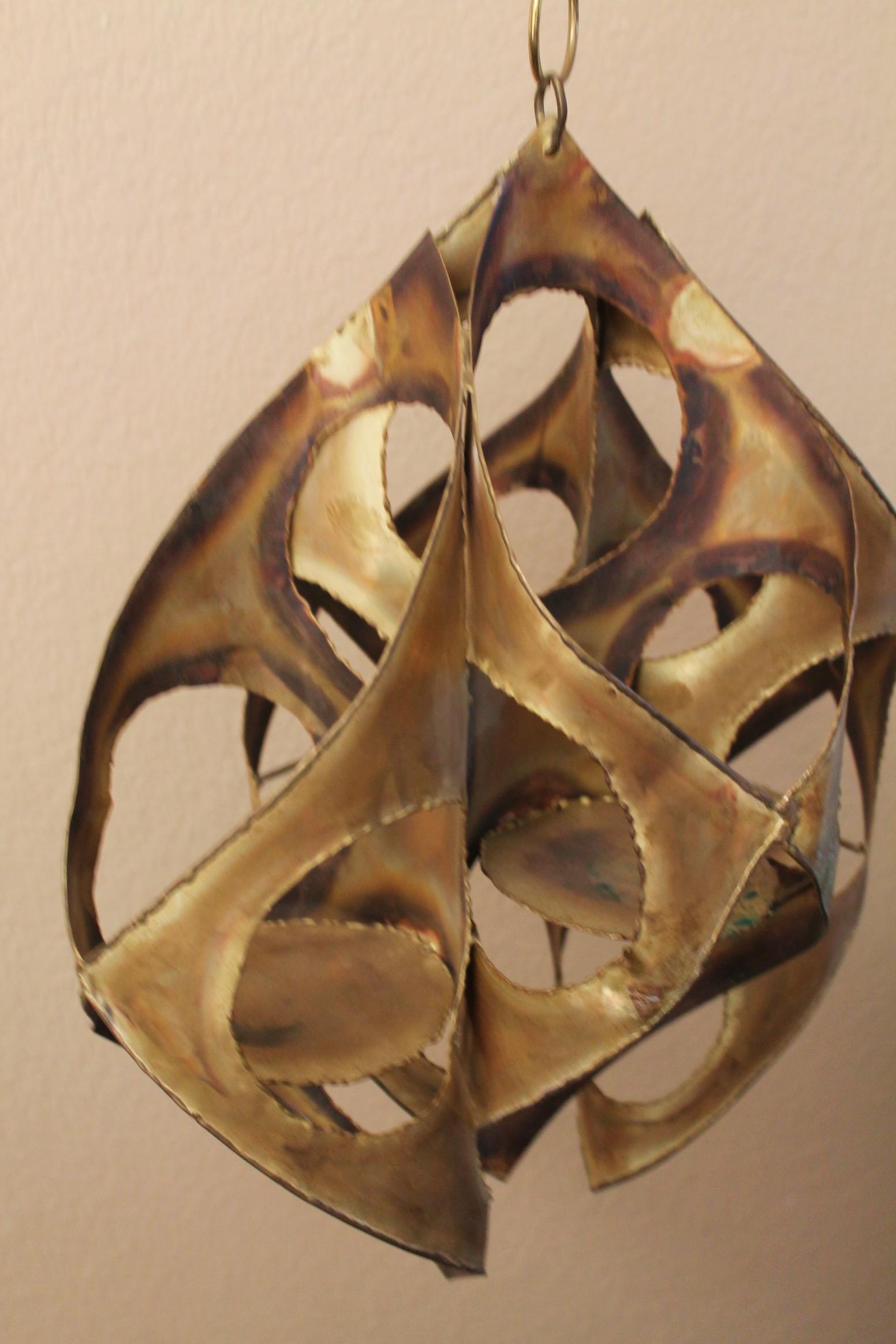 Hand-Crafted Brutalist Worked Metal Hanging Candle Lamp Sconce  1970s After Curtis Jere For Sale