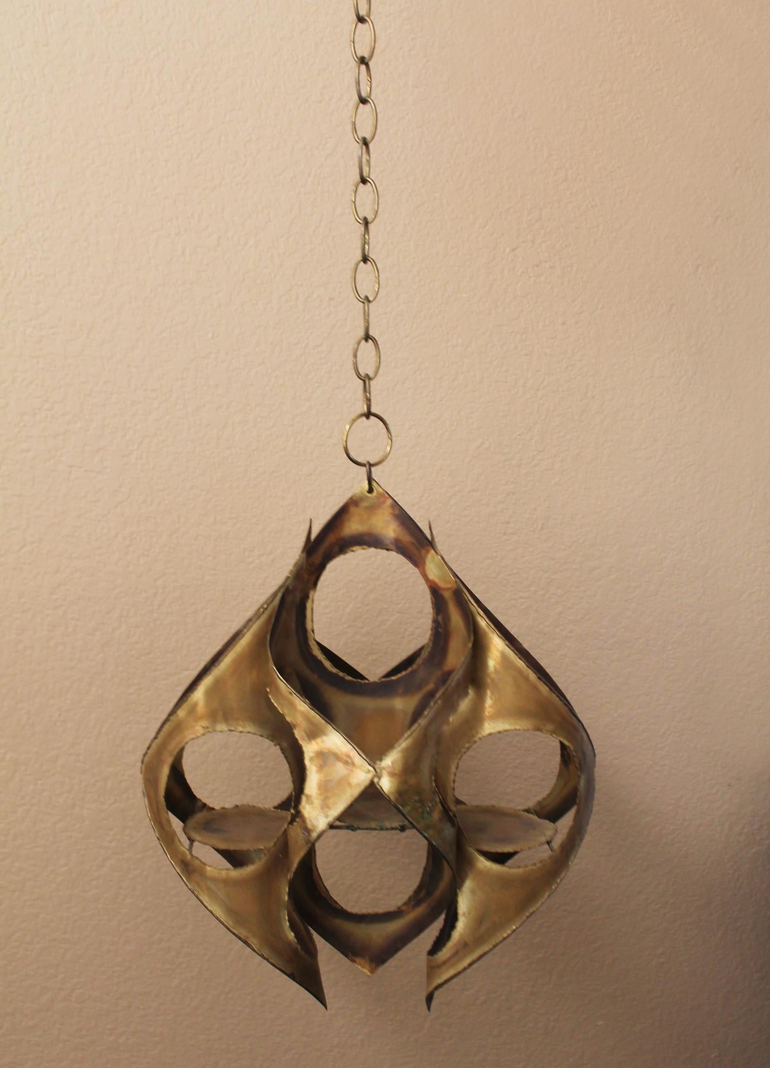 Brutalist Worked Metal Hanging Candle Lamp Sconce  1970s After Curtis Jere In Good Condition For Sale In Peoria, AZ