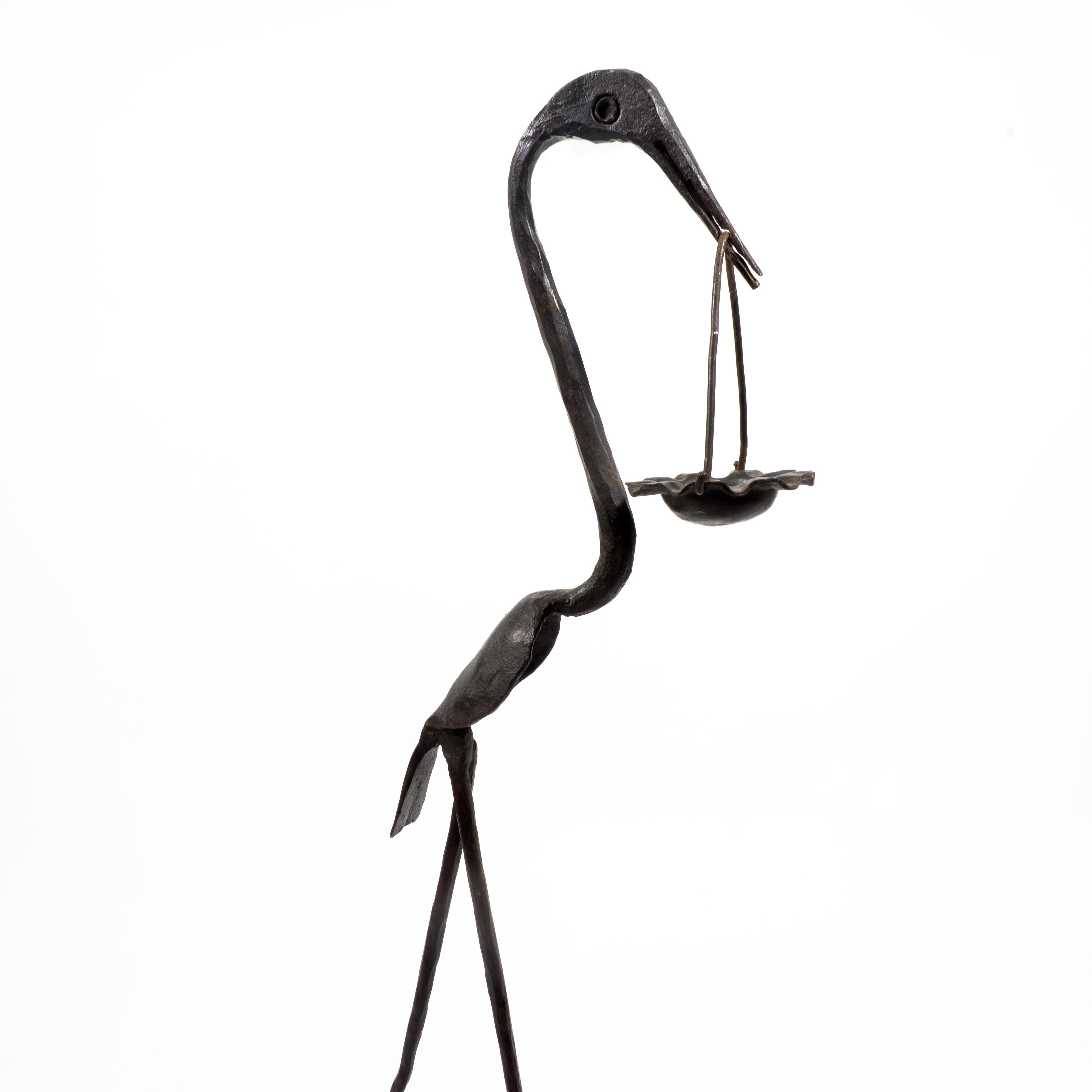 Mid-Century Modern Brutalist Wrough Iron Bird Heron Sculpture Standing Ashtray, Italy 1960s For Sale