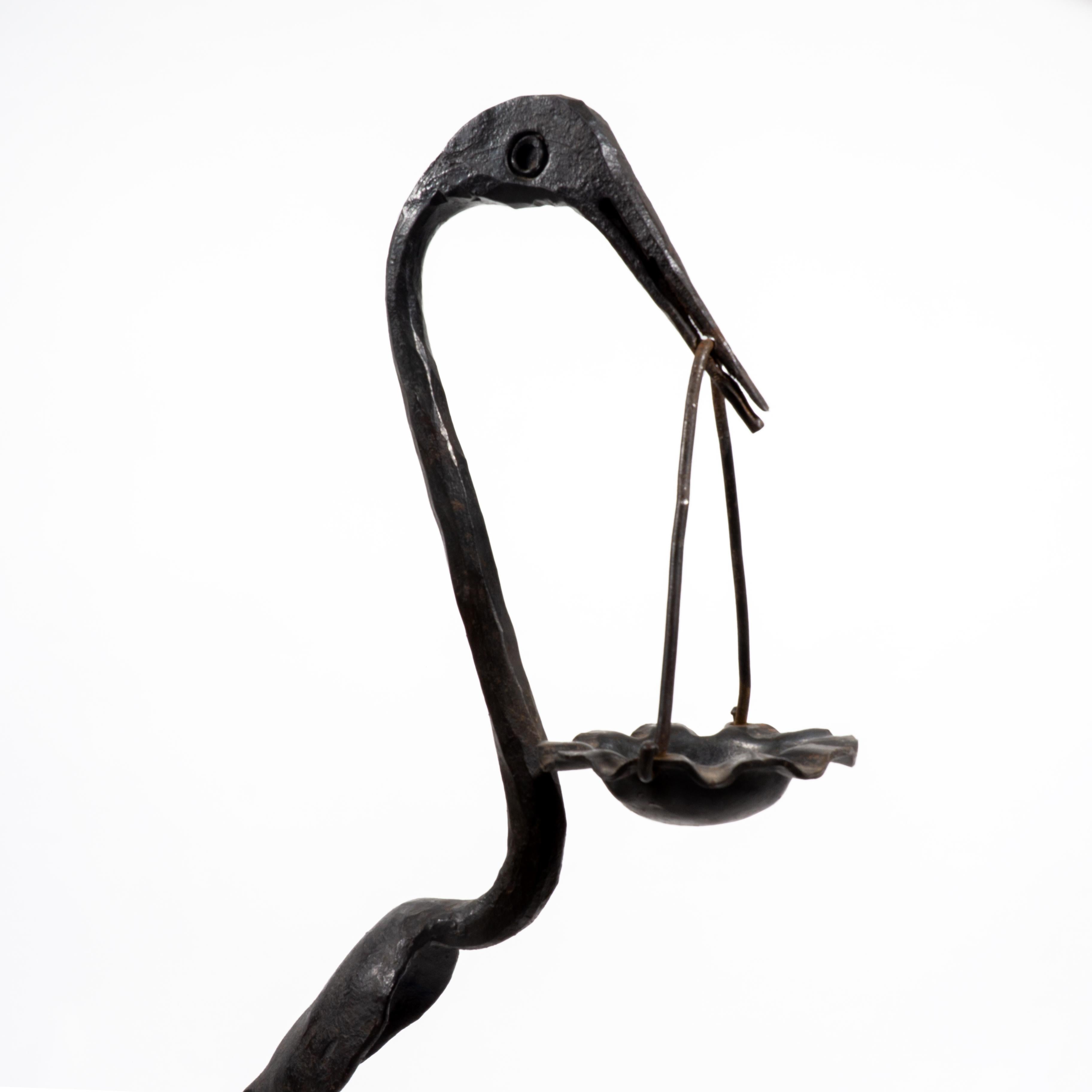 European Brutalist Wrough Iron Bird Heron Sculpture Standing Ashtray, Italy 1960s For Sale