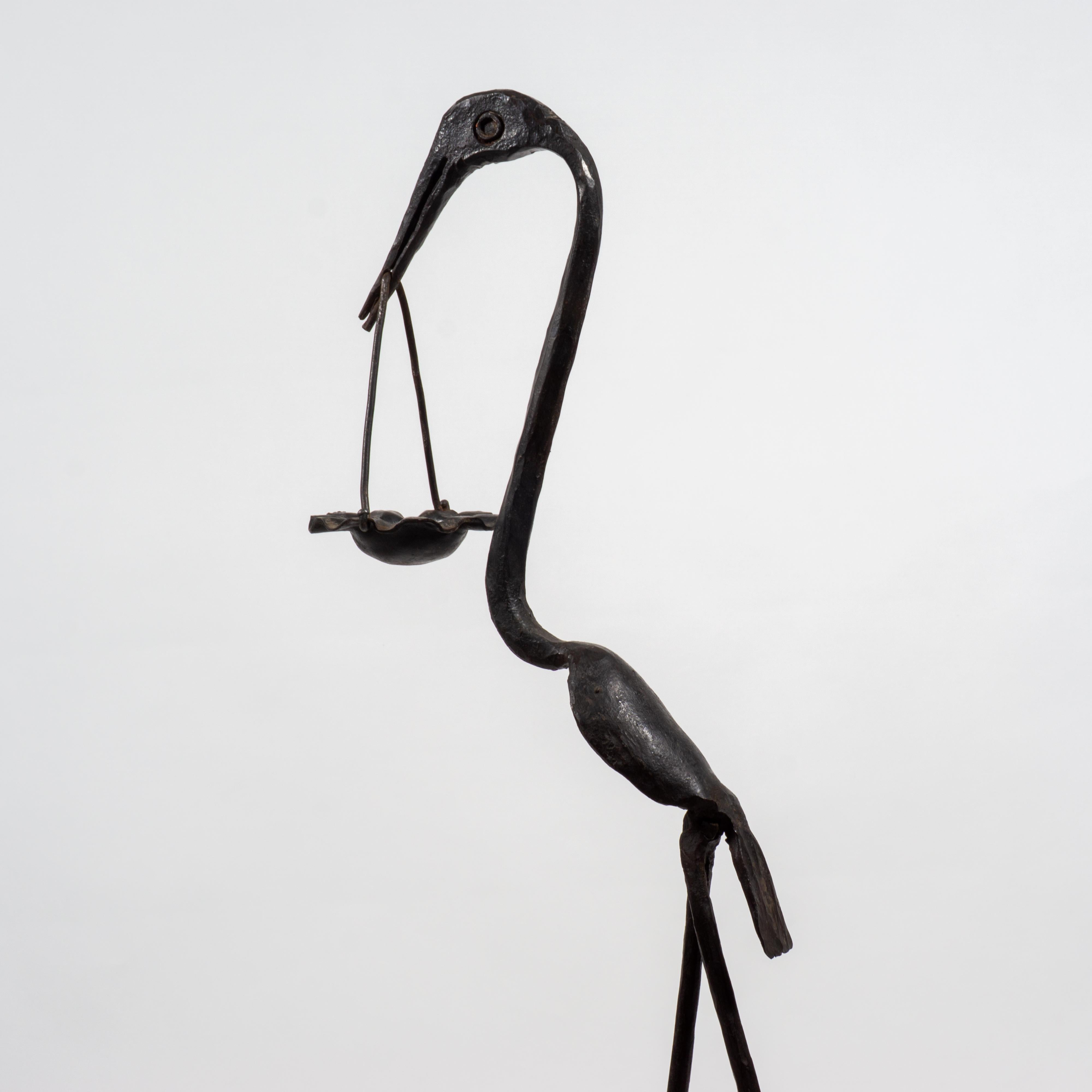 19th Century Brutalist Wrough Iron Bird Heron Sculpture Standing Ashtray, Italy 1960s For Sale