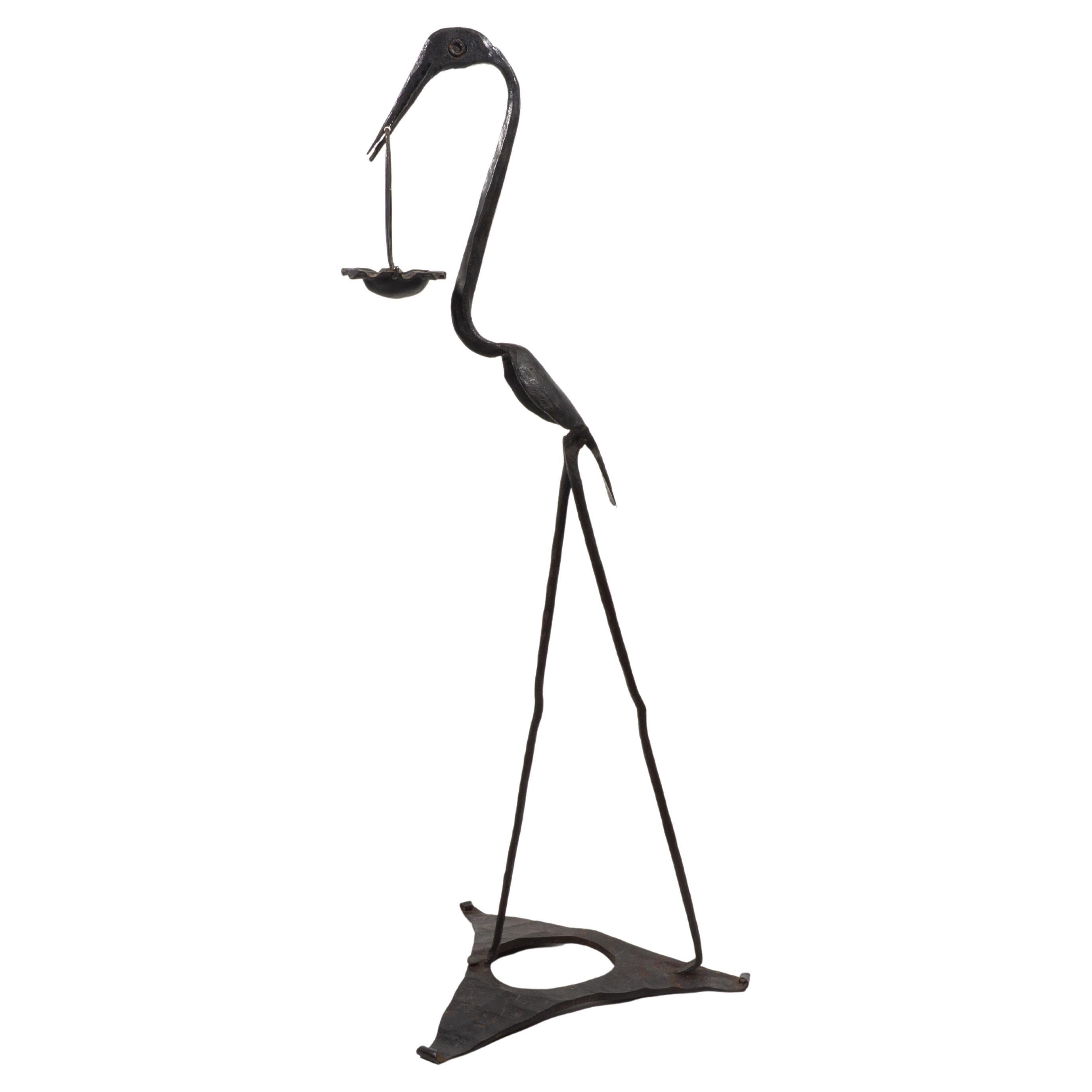 Brutalist Wrough Iron Bird Heron Sculpture Standing Ashtray, Italy 1960s