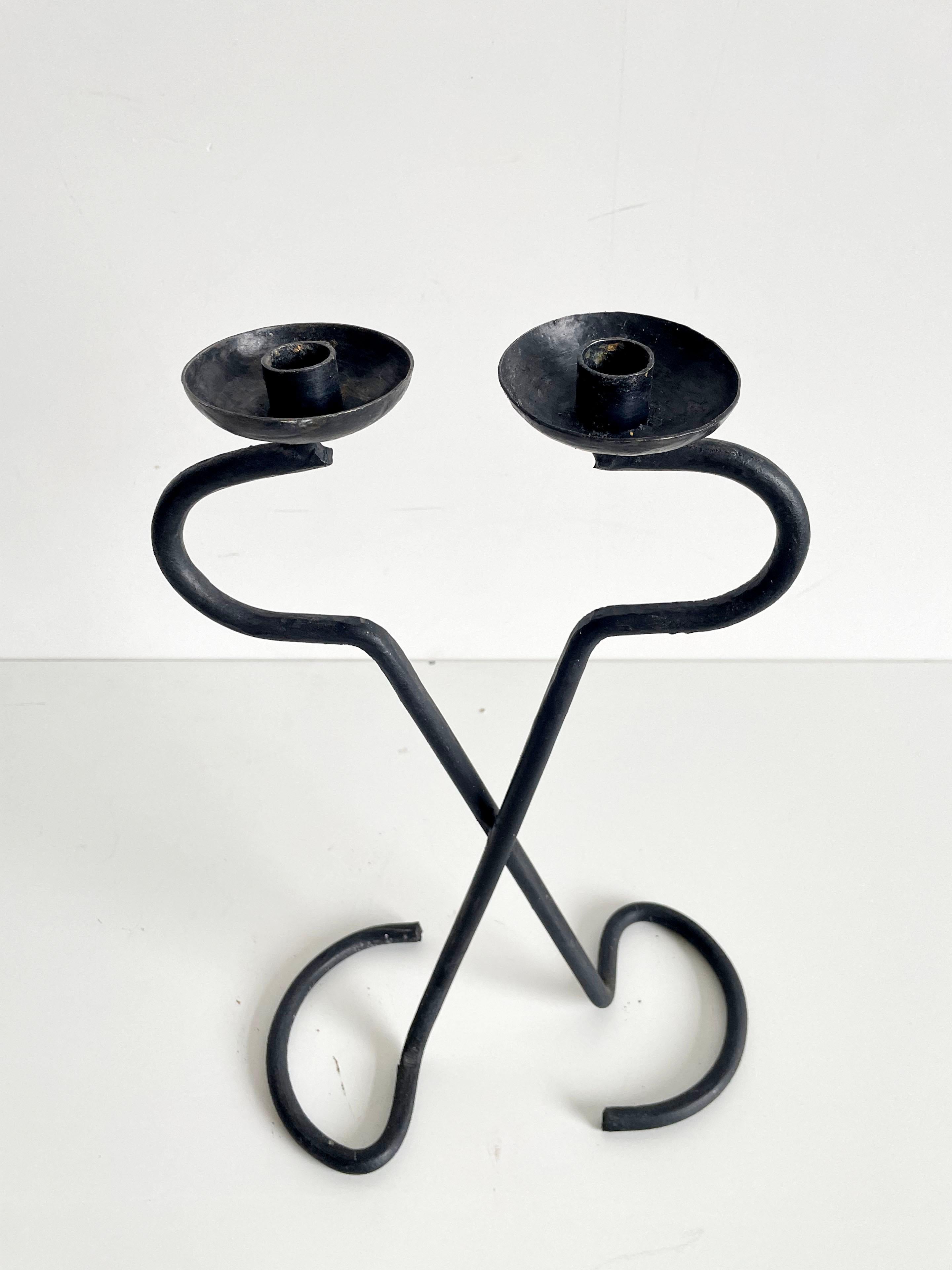 20th Century Brutalist Wrought Iron Candle Holder, 1950's For Sale