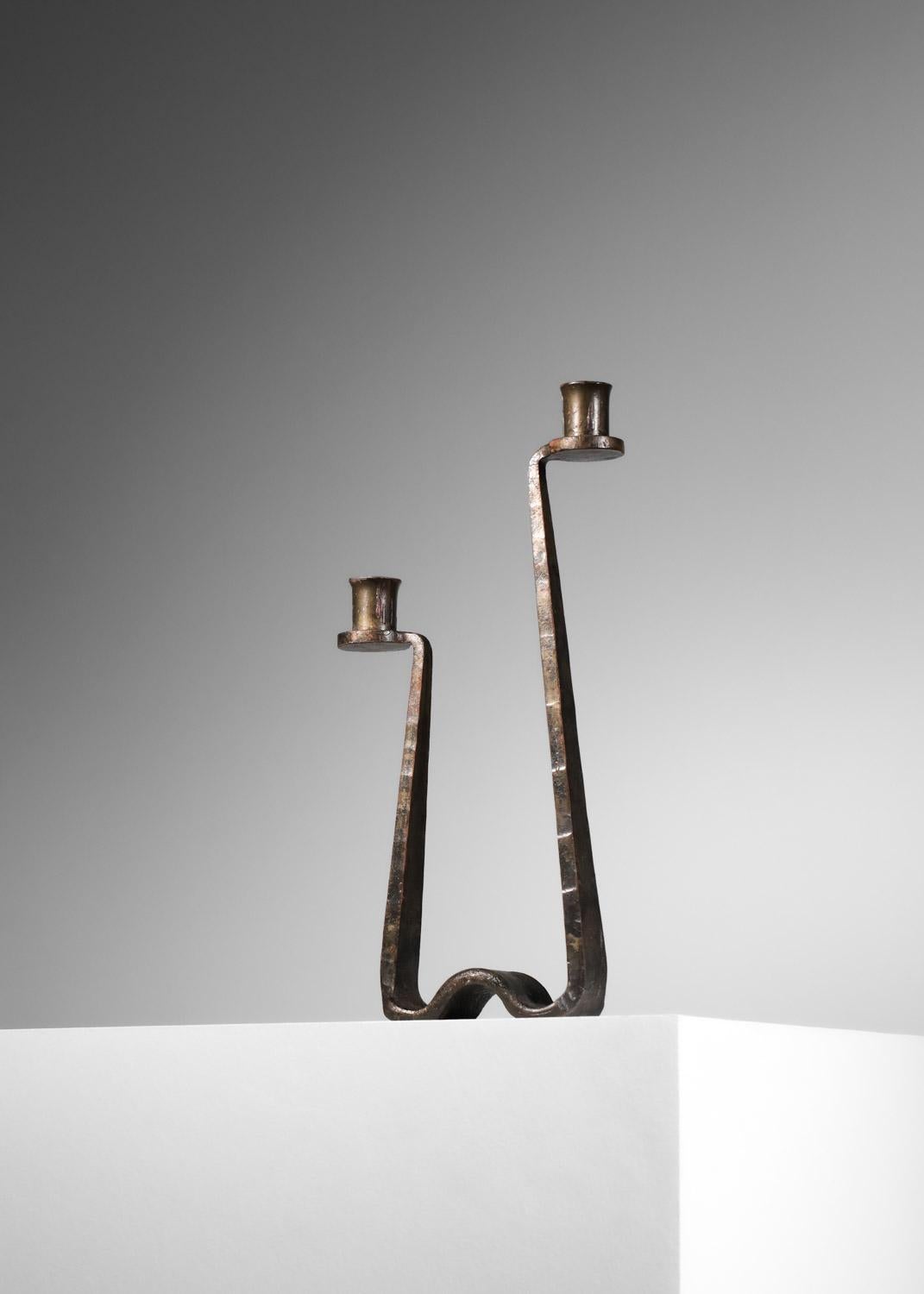 Mid-Century Modern Brutalist wrought-iron candlestick in the style of Ateliers de Marolle For Sale