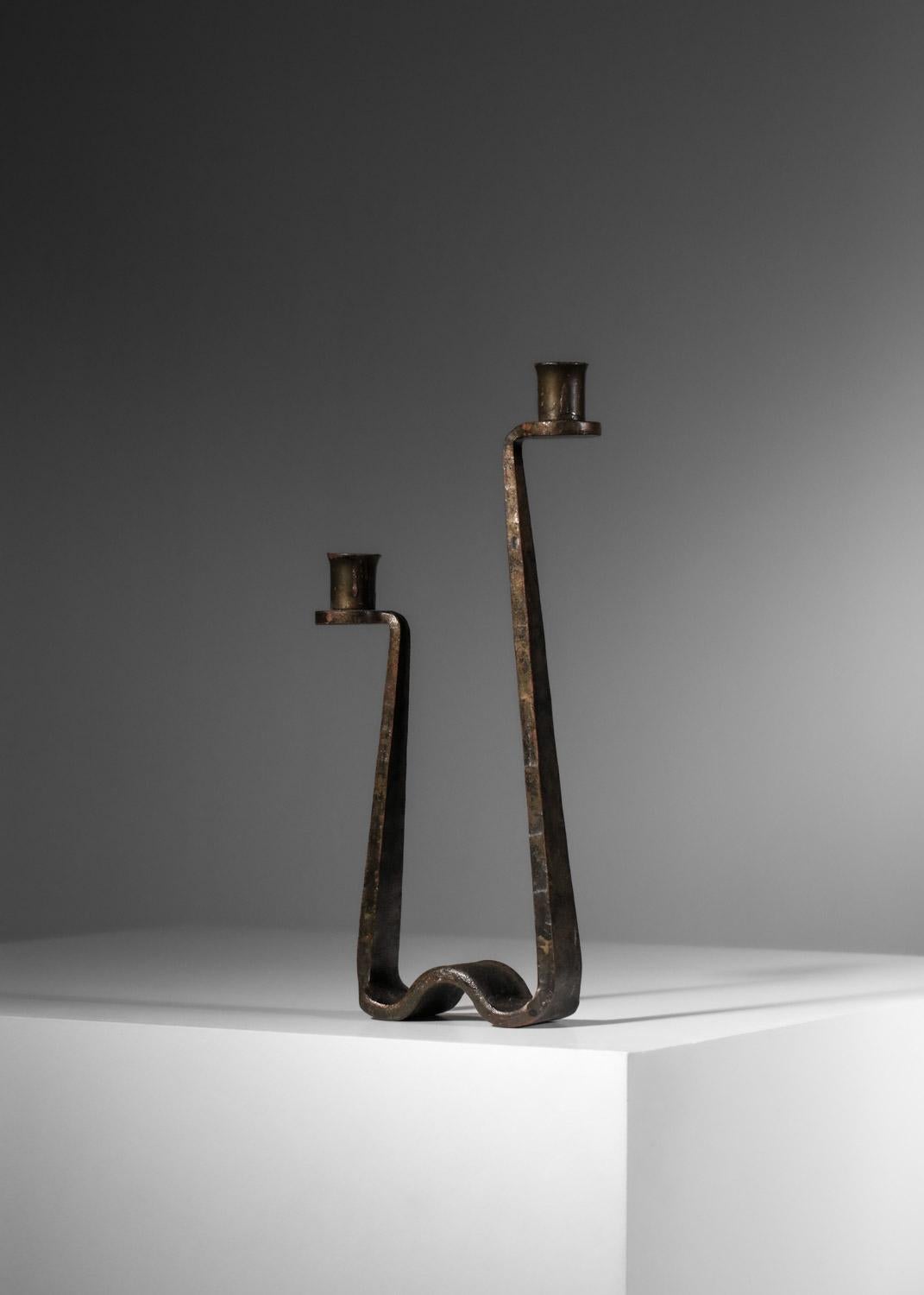 French Brutalist wrought-iron candlestick in the style of Ateliers de Marolle For Sale