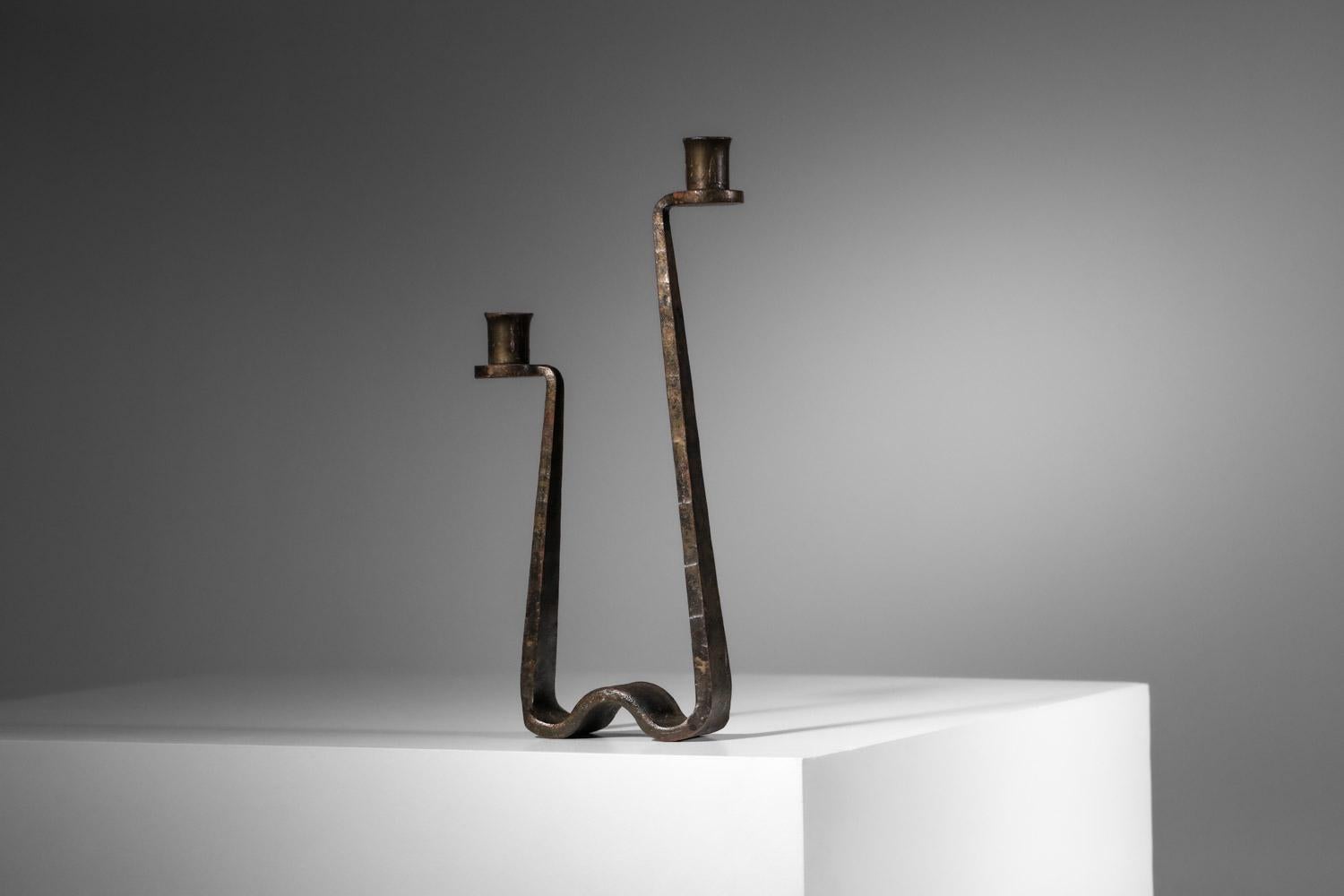 Hand-Crafted Brutalist wrought-iron candlestick in the style of Ateliers de Marolle For Sale