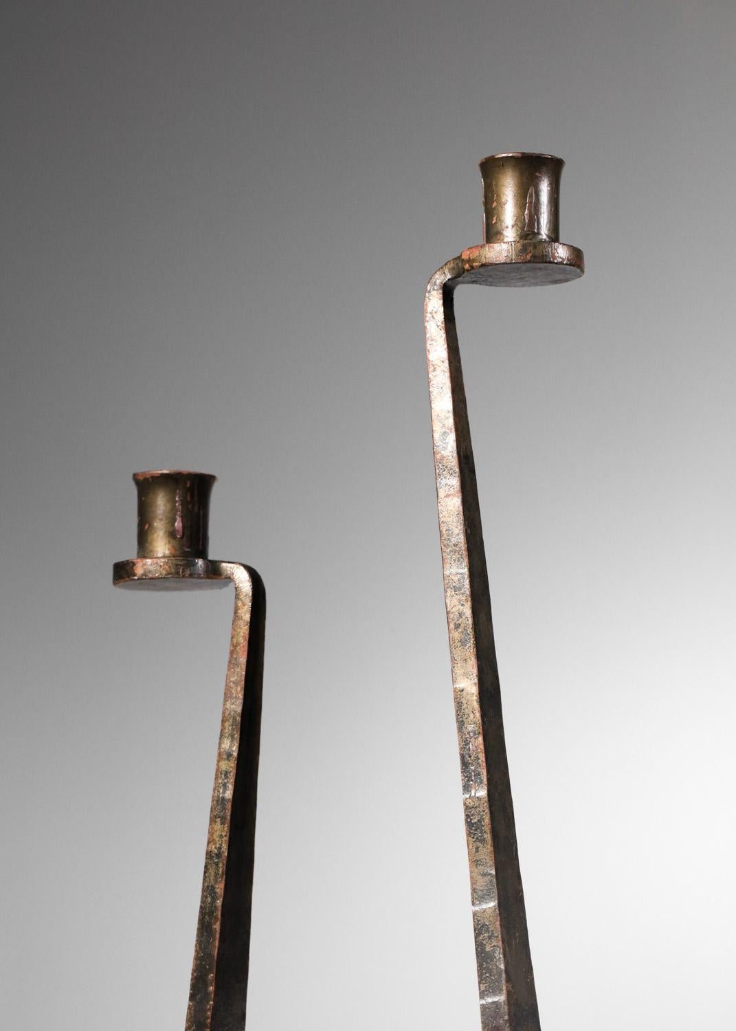 Mid-20th Century Brutalist wrought-iron candlestick in the style of Ateliers de Marolle For Sale