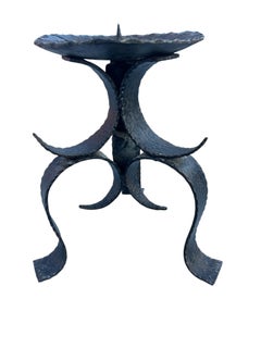 Large Brutalist Hammered Wrought Iron Candlestick, Tripod Design, 1970s