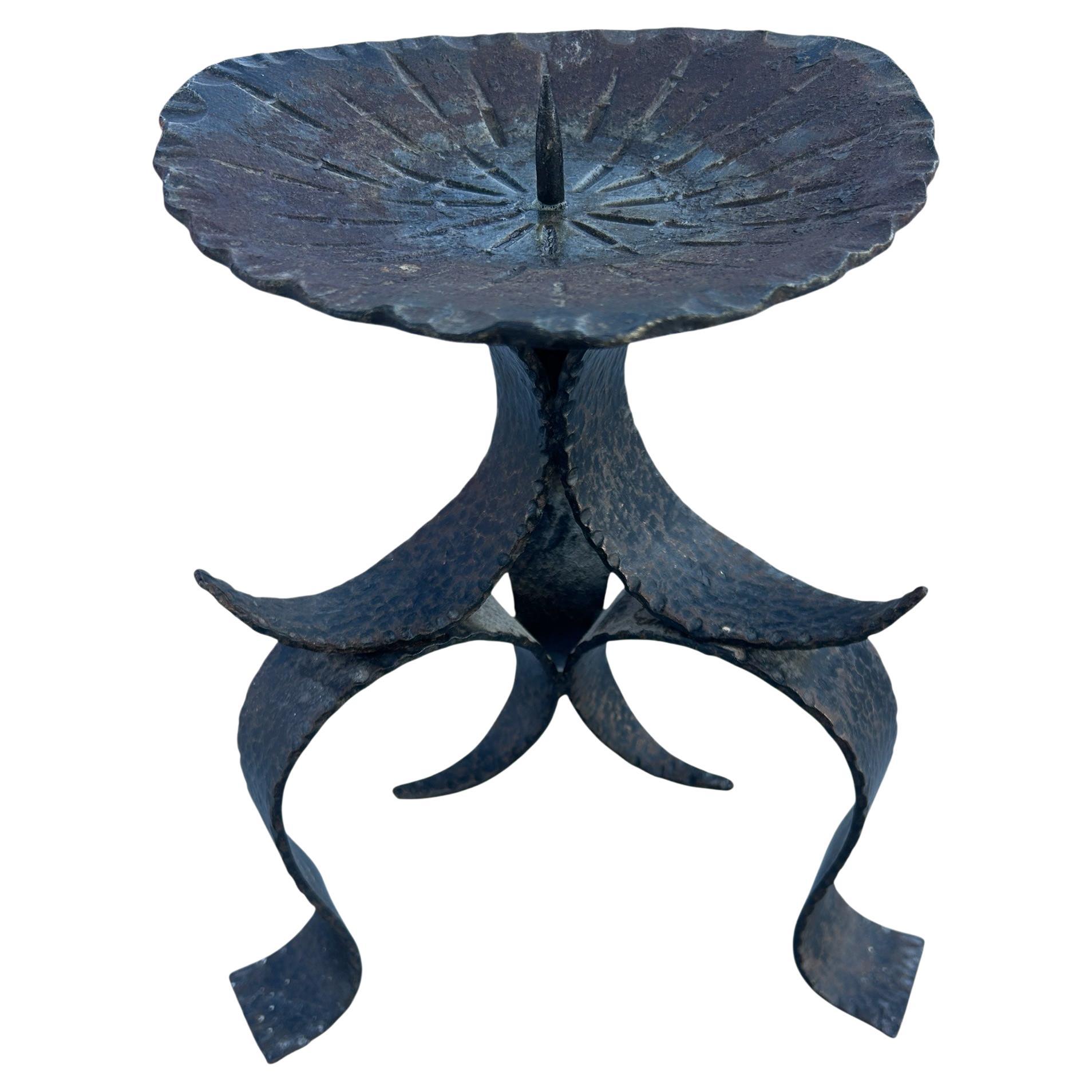 Large Brutalist Hammered Wrought Iron Candlestick, Tripod Design, 1970s For Sale