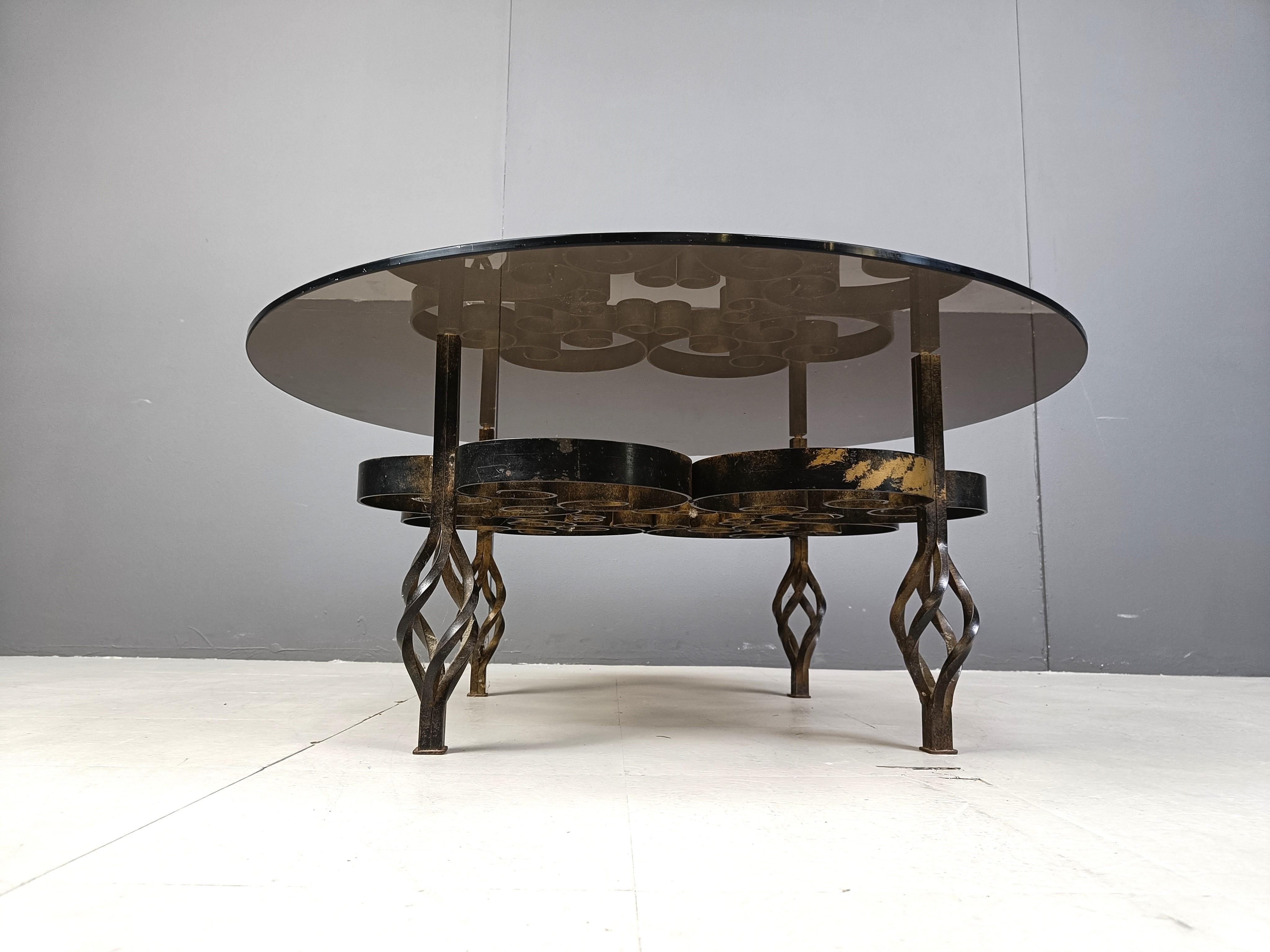 Glass Brutalist Wrought iron coffee table 1970s For Sale