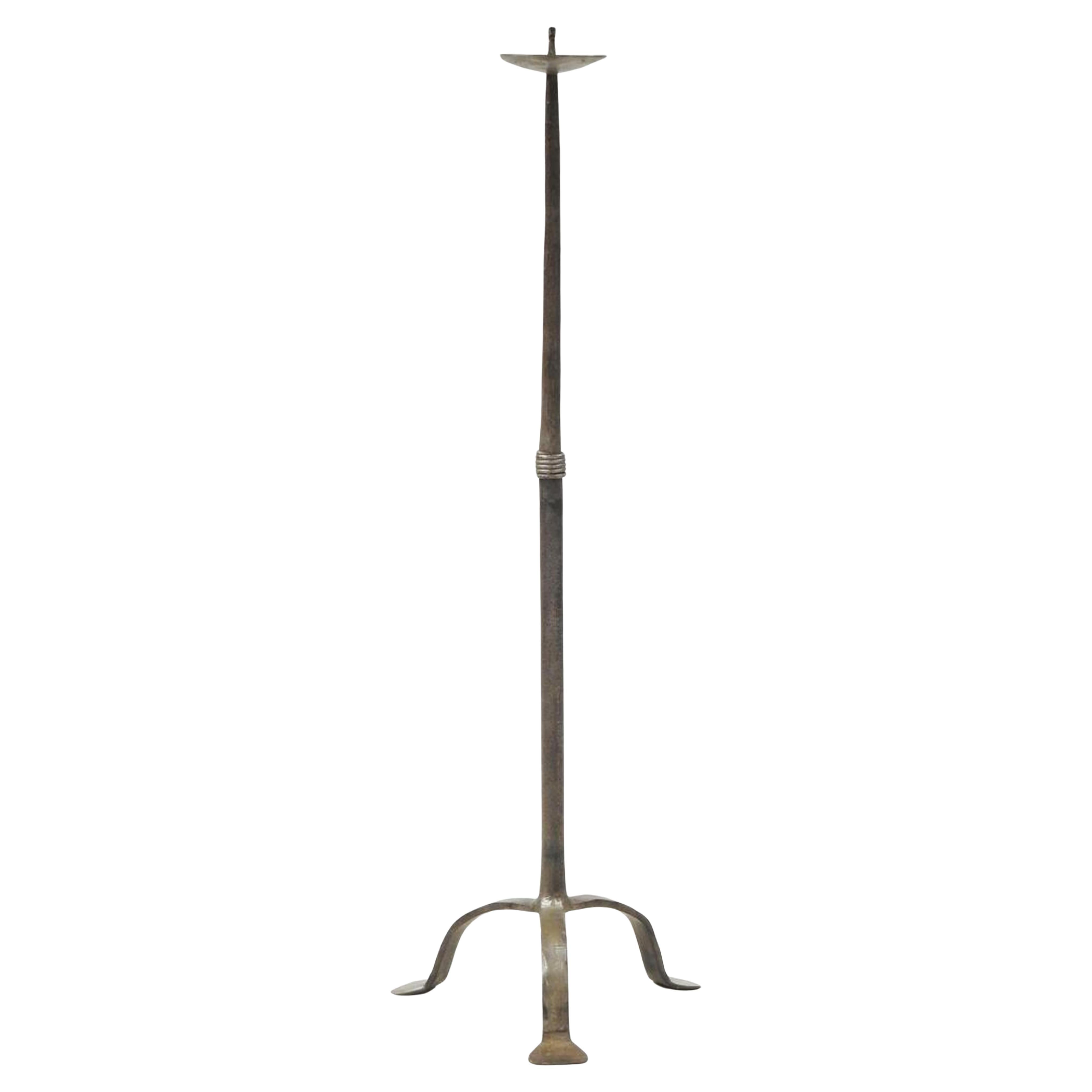 Brutalist Wrought Iron Floor Candleholder with Ring Detail, France, 1960s