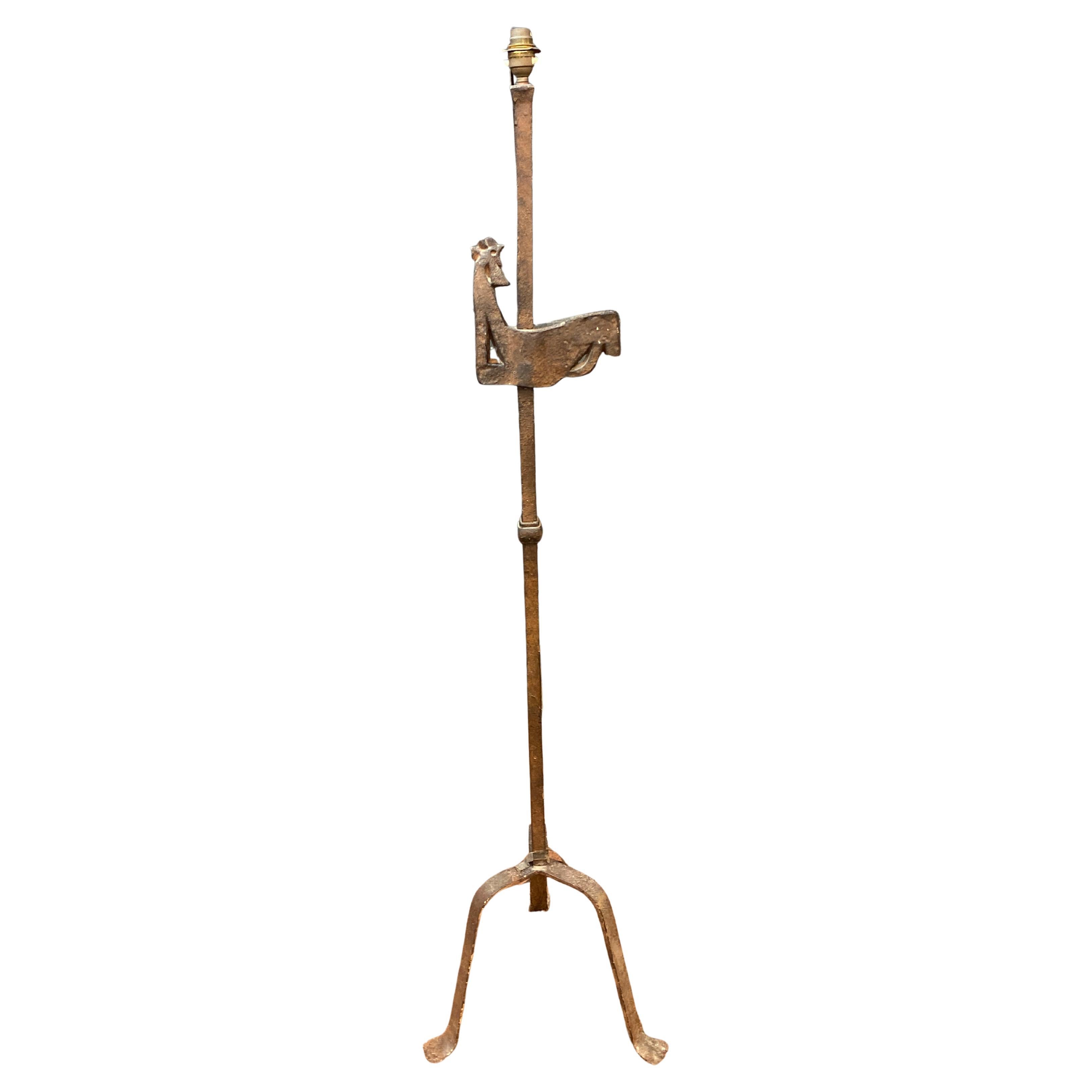 Brutalist wrought iron floor lamp in the style of Atelier Marolles circa 1950