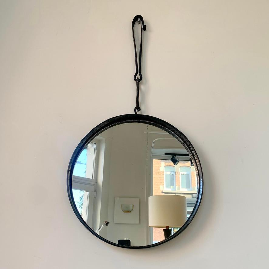 Mid-Century Modern Brutalist Wrought Iron Mirror Attributed To Leopold Gest , circa 1950, France. For Sale