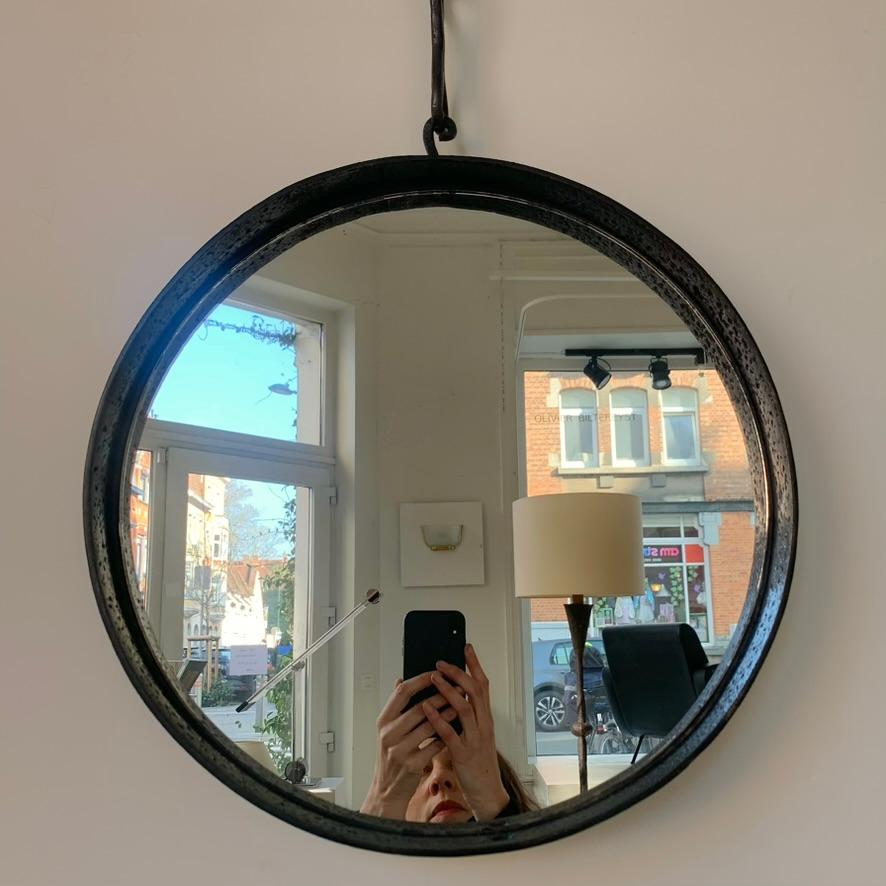 Brutalist Wrought Iron Mirror Attributed To Leopold Gest , circa 1950, France. For Sale 1
