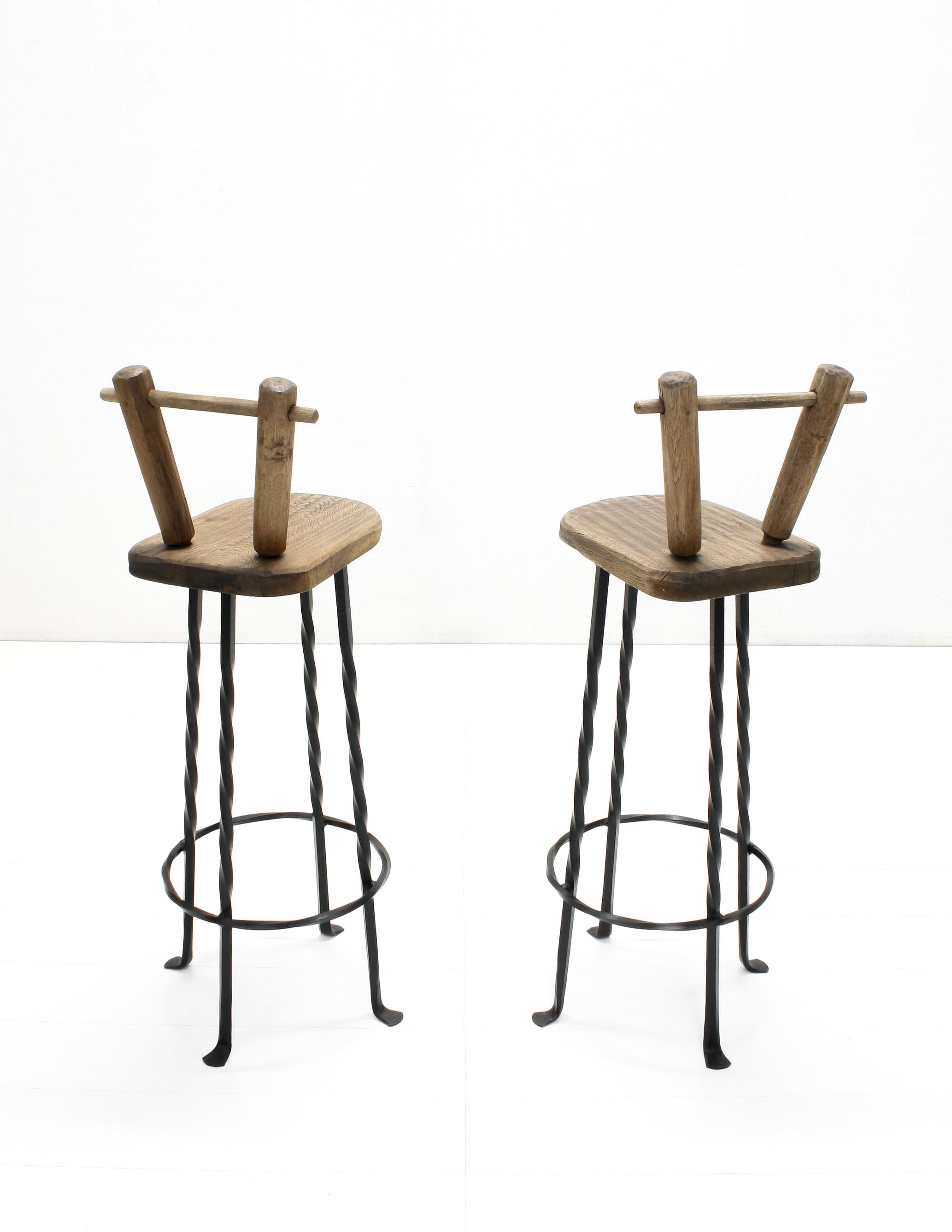 Belgian Brutalist Wrought Iron & Oak Bar Stools, 1970s, Set of 2 For Sale