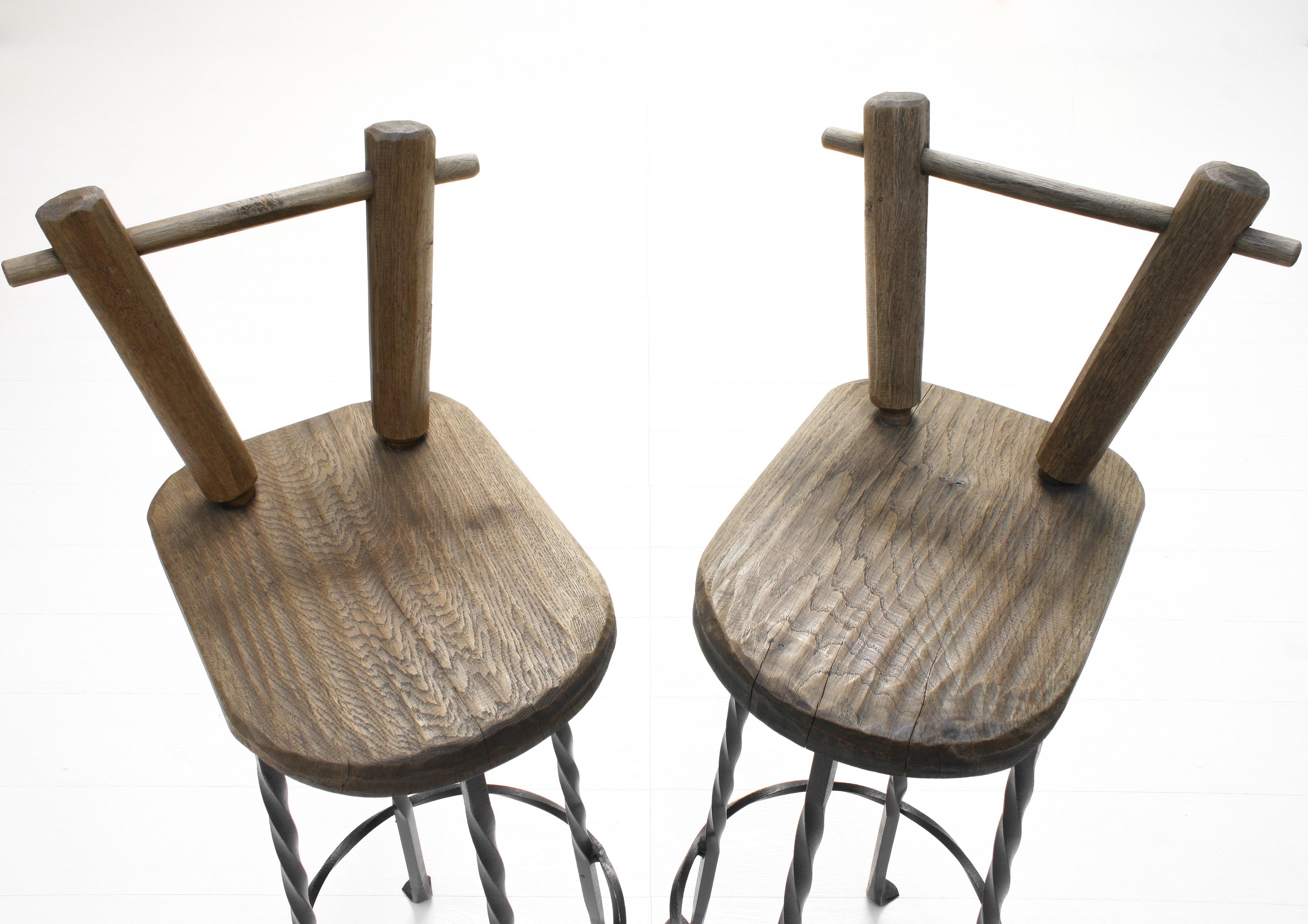 Forged Brutalist Wrought Iron & Oak Bar Stools, 1970s, Set of 2 For Sale